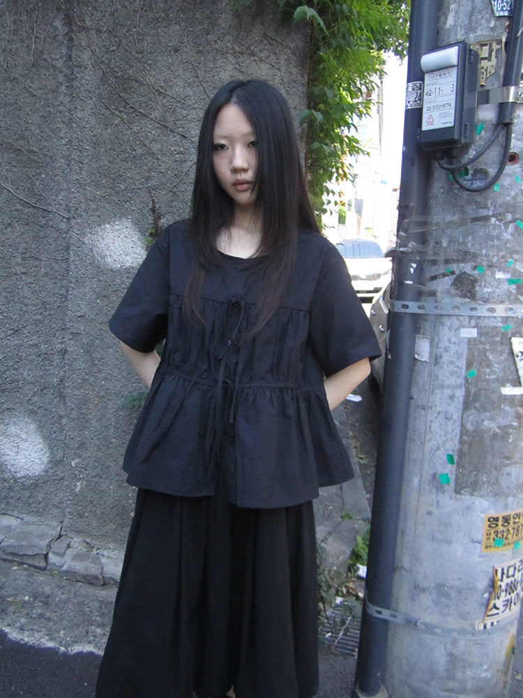 ang project Korean Style Lightweight Tied Waist Pleated Single Row Button Short Sleeve Top