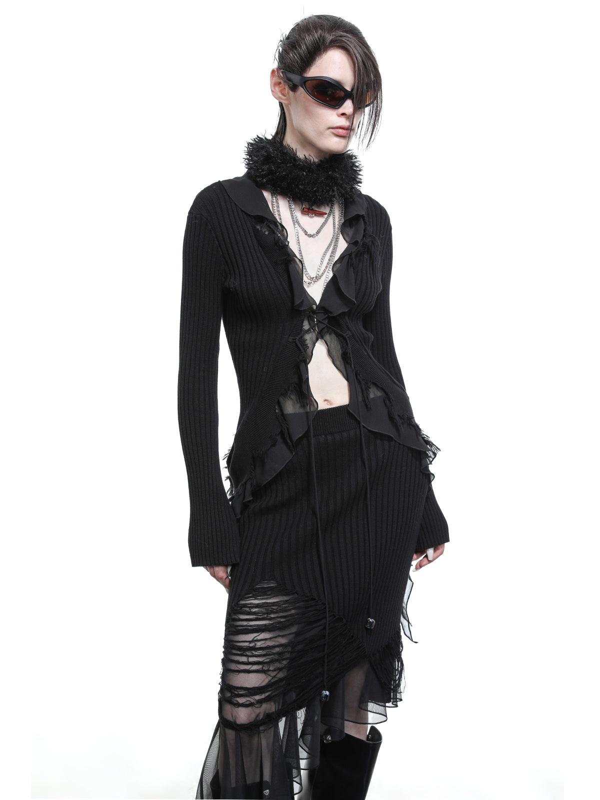 NN NORTH NODE Tattered Lace Mesh Trimmed Knit Cardigan