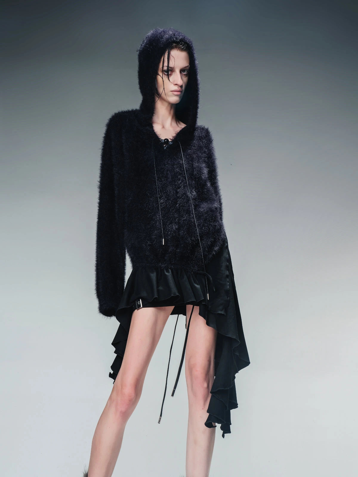 Distressed Suede Panel Asymmetrical Knit Sweater