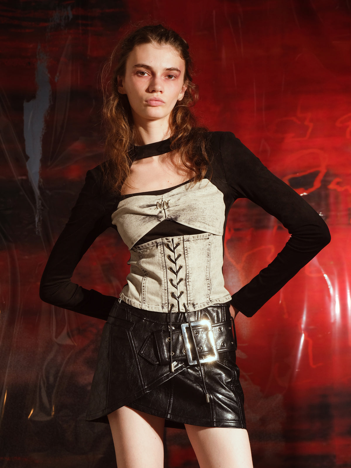 NN NORTH NODE Denim Patchwork V-neck T-shirt Long Sleeve For Women Biker Festival