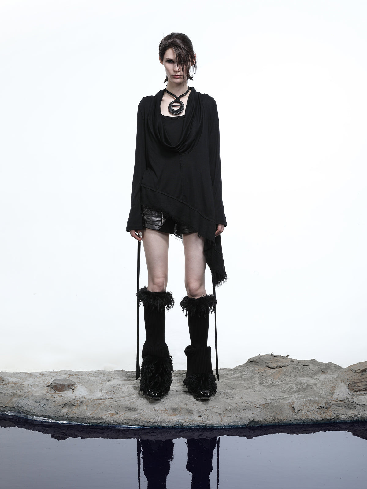 NN NORTH NODE Lyocell Draped Asymmetric Hem Knit T-shirt