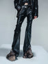 Frayed Hem Flared Leather Pants with Detachable Fur Trim