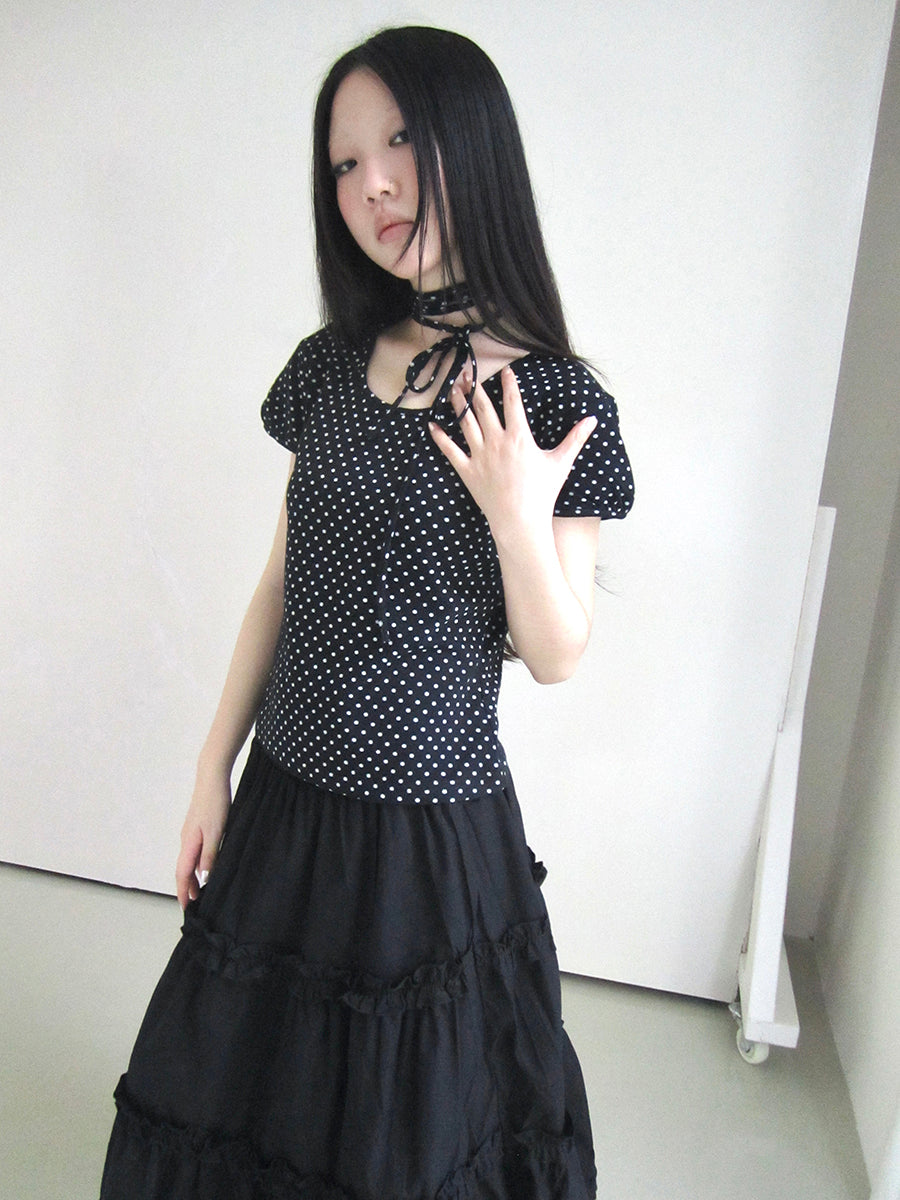Updateang project Korean Inspired Dot Print Short Sleeve Tee With Scarf