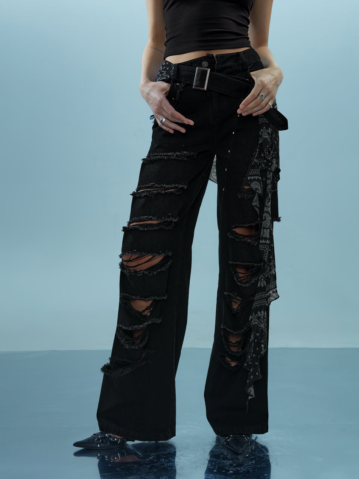 NN NORTH NODE Distressed Denim With Detachable Sheer Panel
