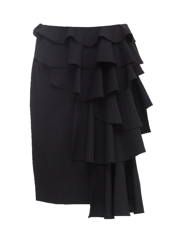 Asymmetrical Lace Trim Black Straight Skirt