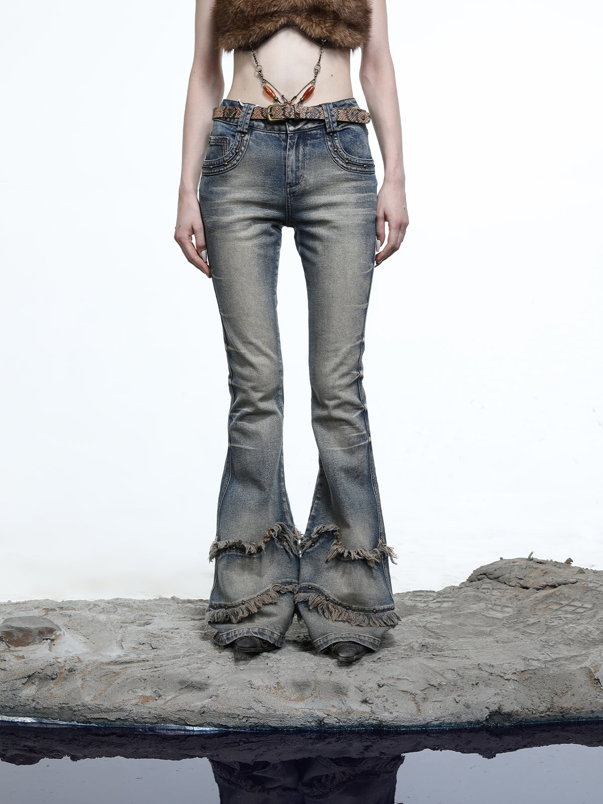 NN NORTH NODE Ruffle Wash Flared Denim Trousers