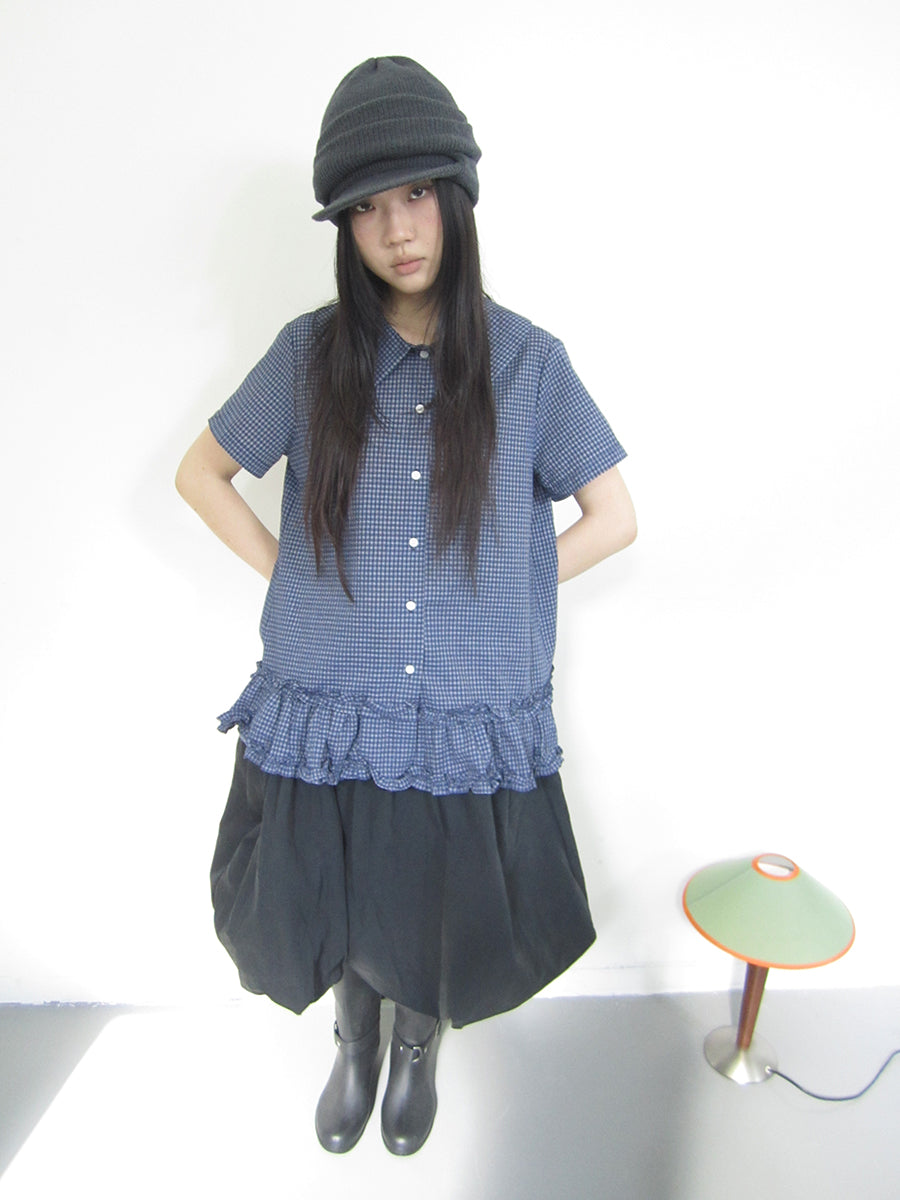 ang project Vintage Collar Checkered Ruffle Short Sleeve Shirt