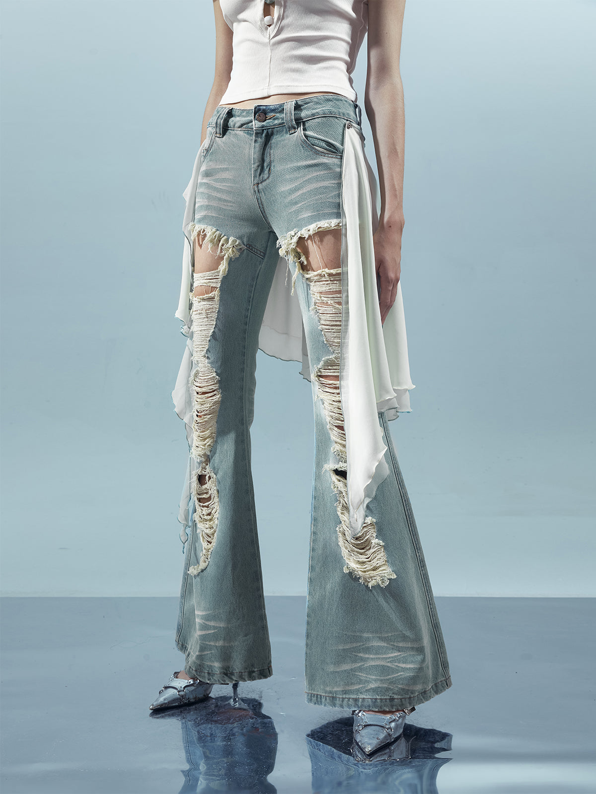 UpdateNN NORTH NODE Distressed Denim Flared Pants With Detachable Apron