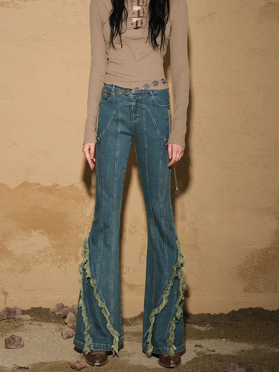 Fringed Hem Flared Denim Pants