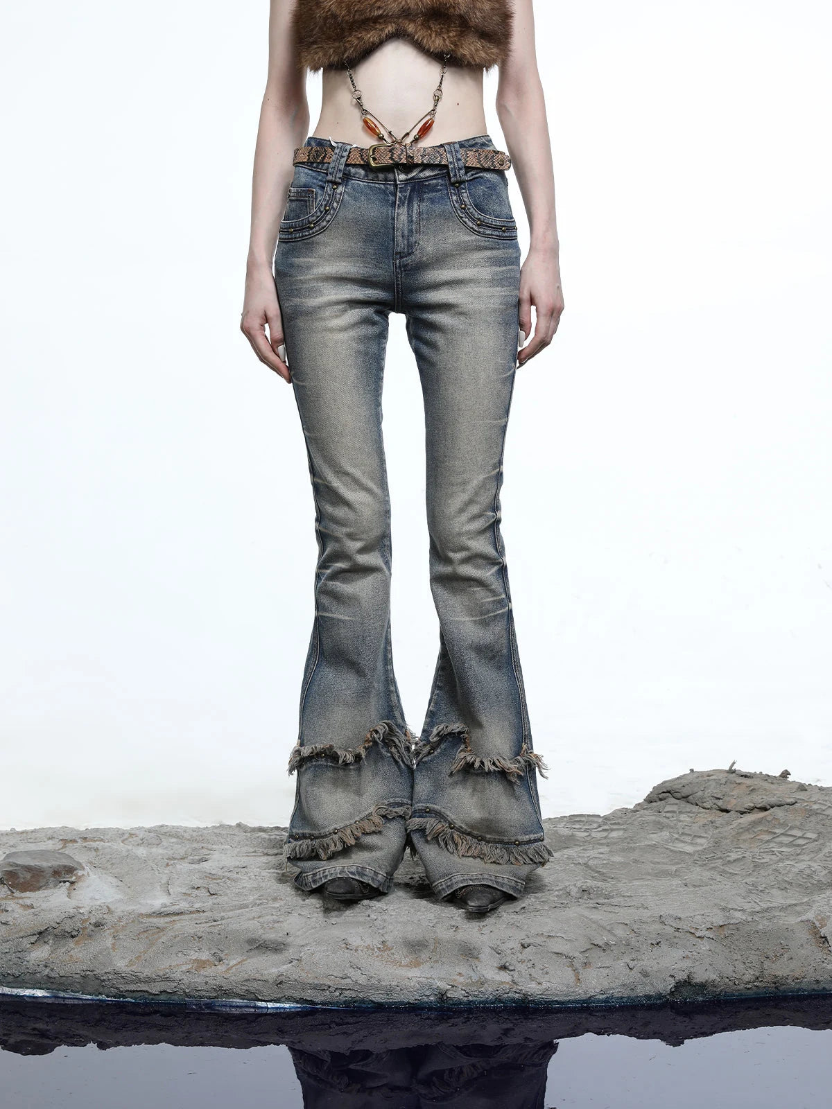 Ruffle Wash Flared Denim Trousers