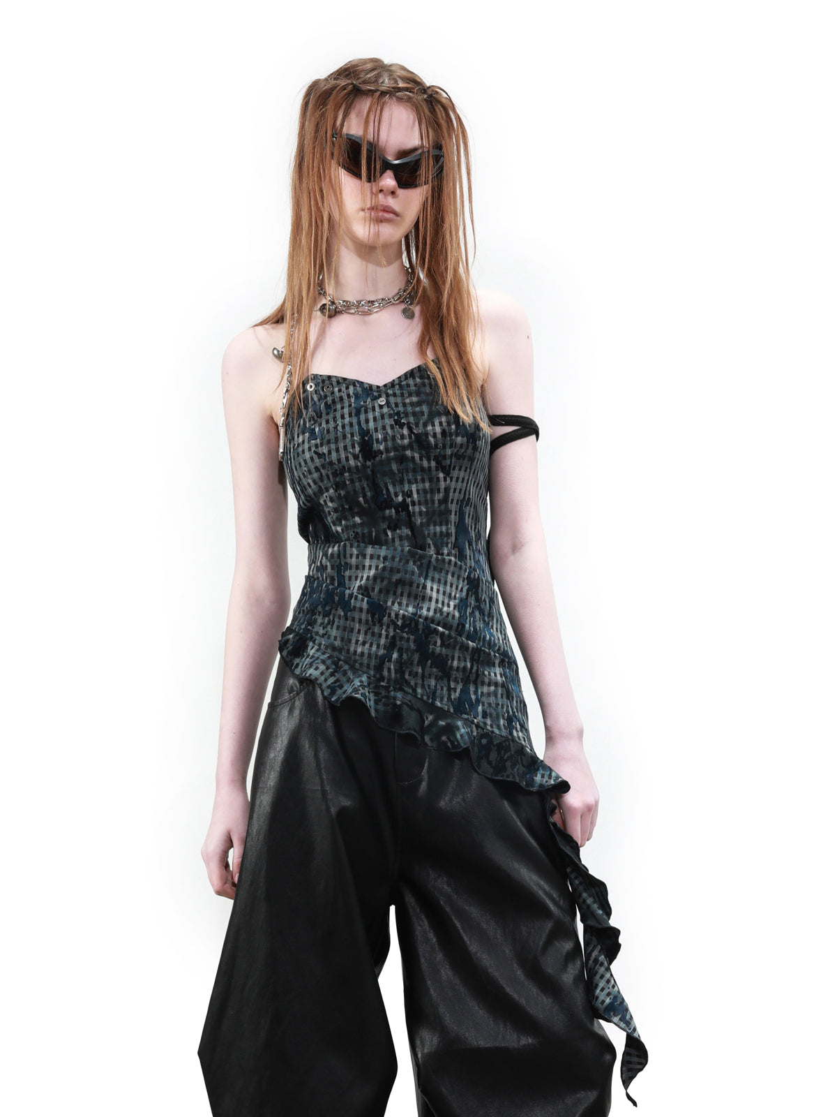 UpdateNN NORTH NODE Plaid Asymmetric Hem Bustier Top