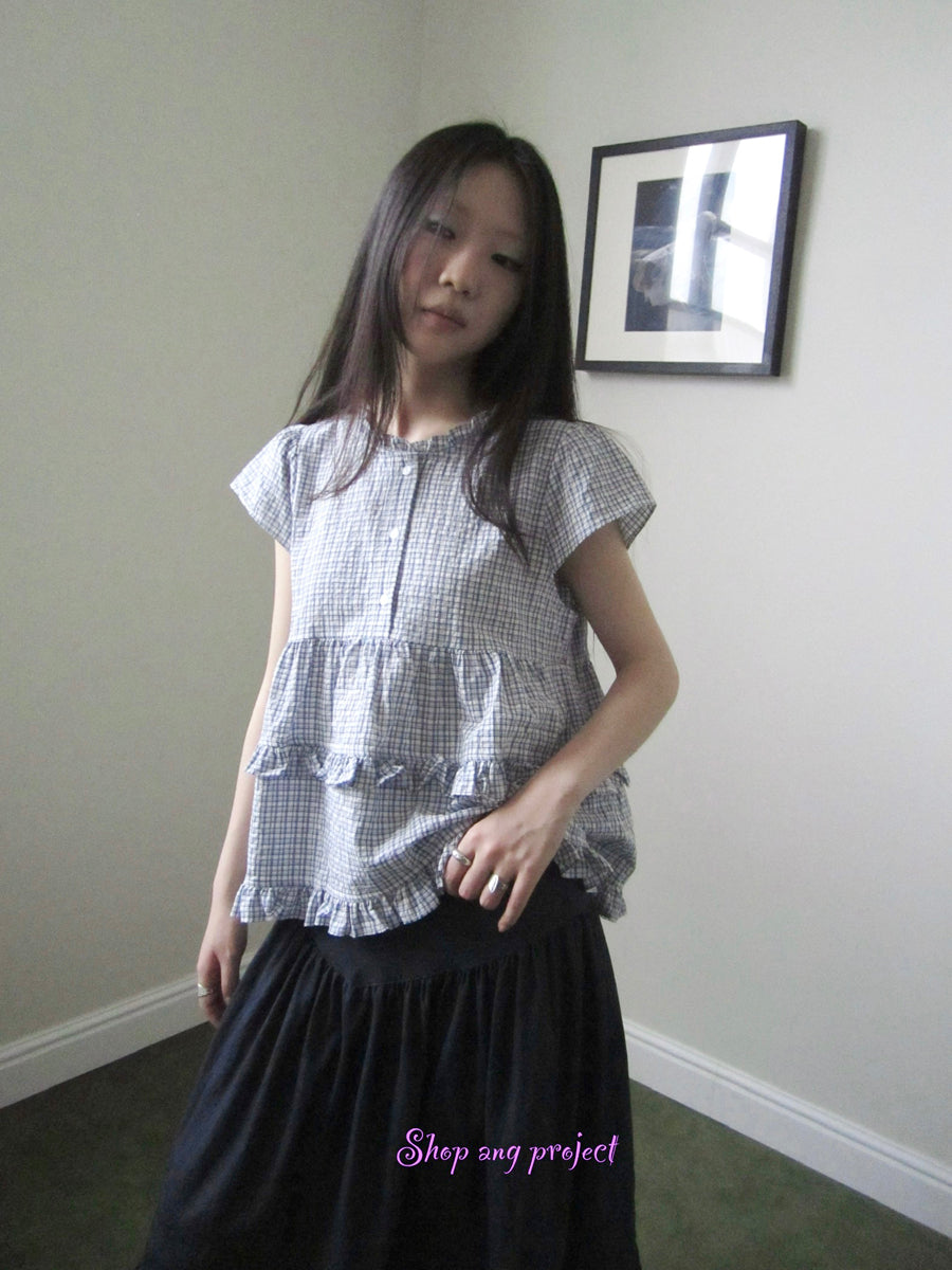 ang project Women Summer Gingham Ruffle Trim Short Sleeve Shirt