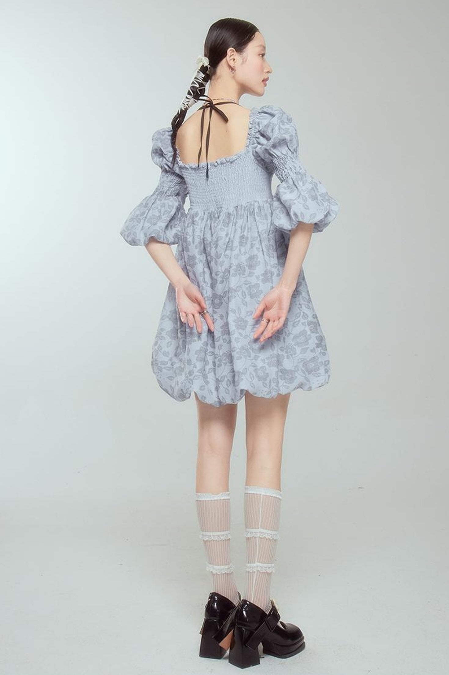 DIDDI MODA Blue Floral Jacquard Bubble Dress With Puff Sleeves
