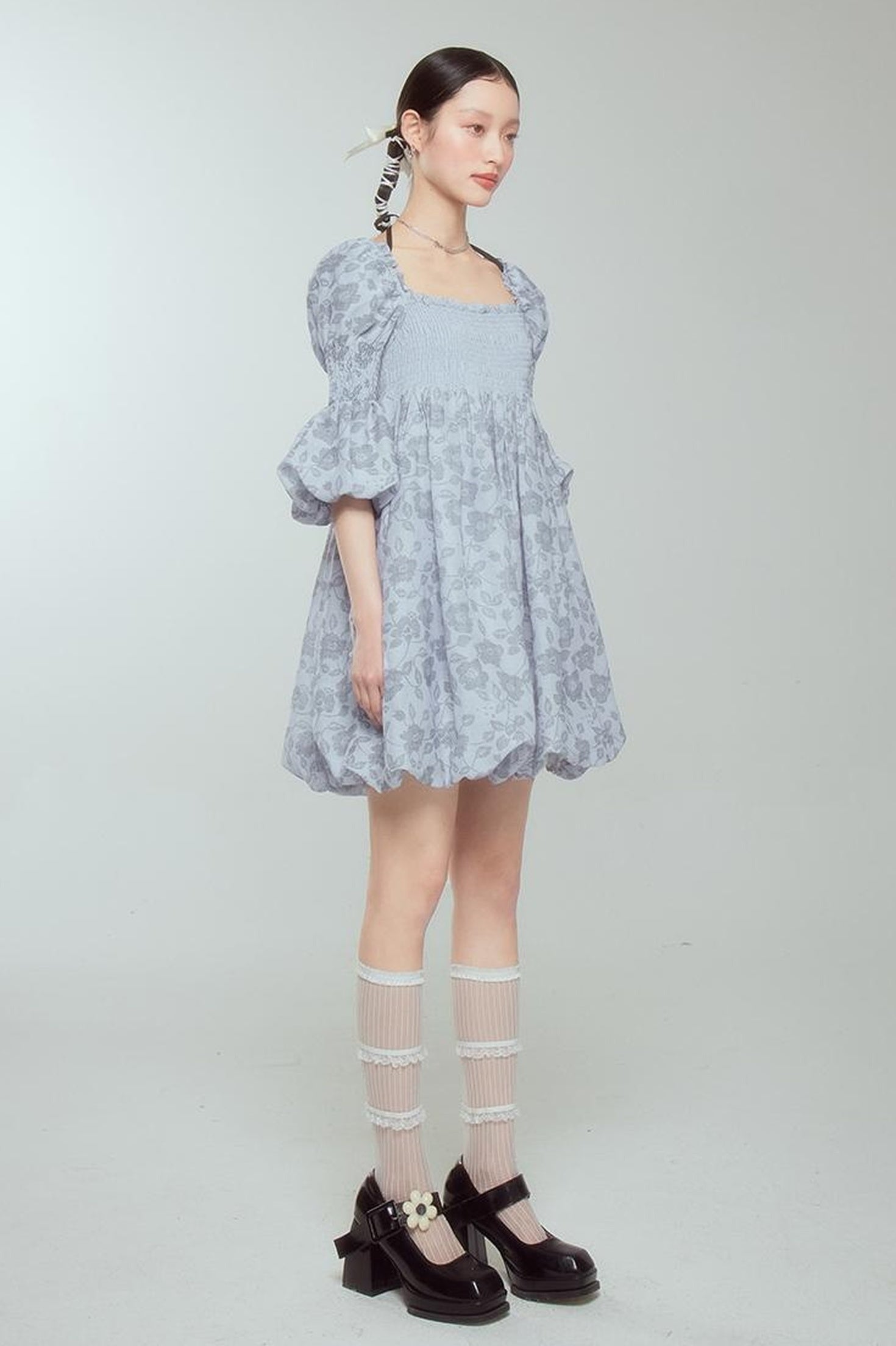 DIDDI MODA Blue Floral Jacquard Bubble Dress With Puff Sleeves