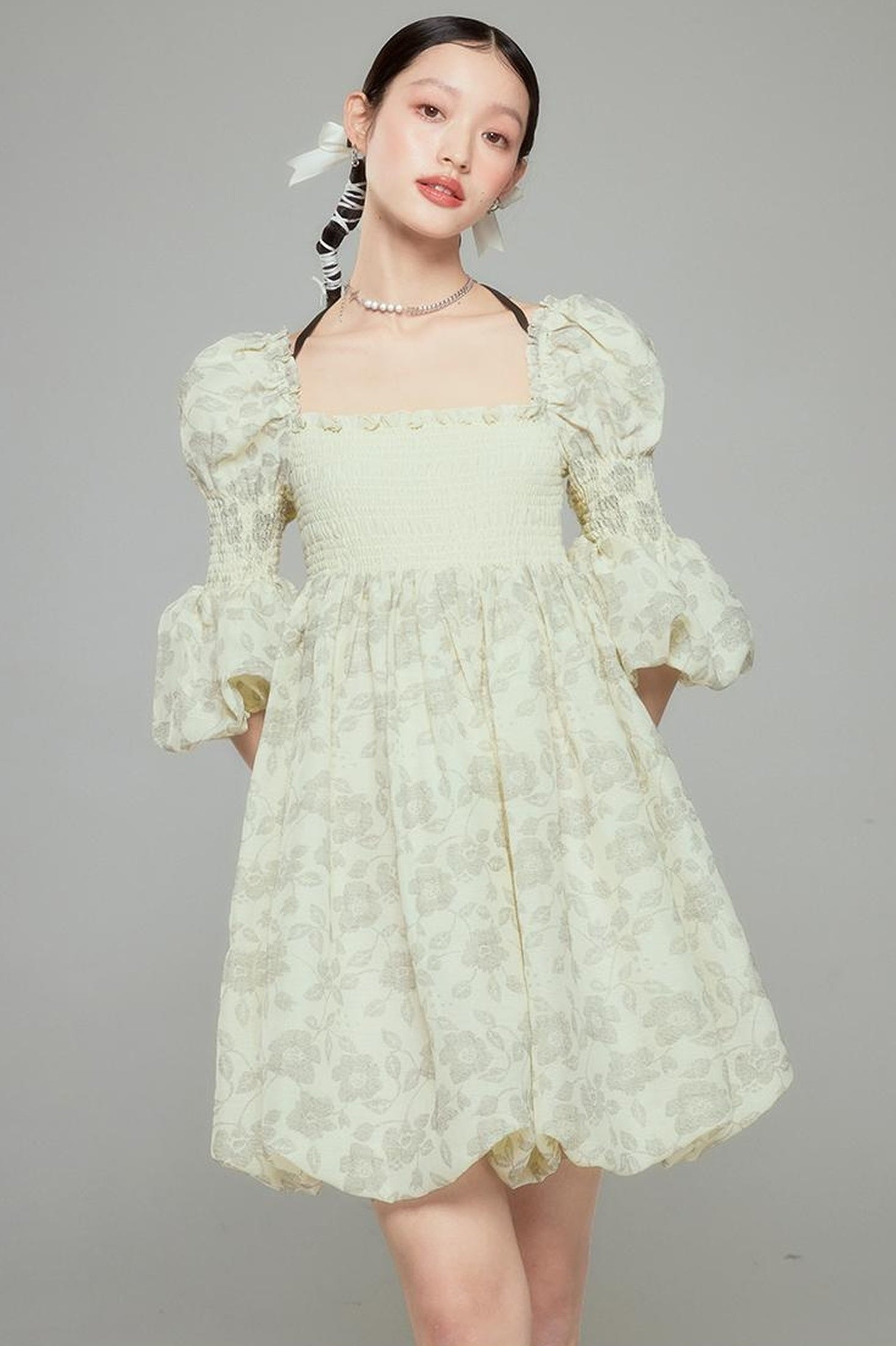 DIDDI MODA Blue Floral Jacquard Bubble Dress With Puff Sleeves
