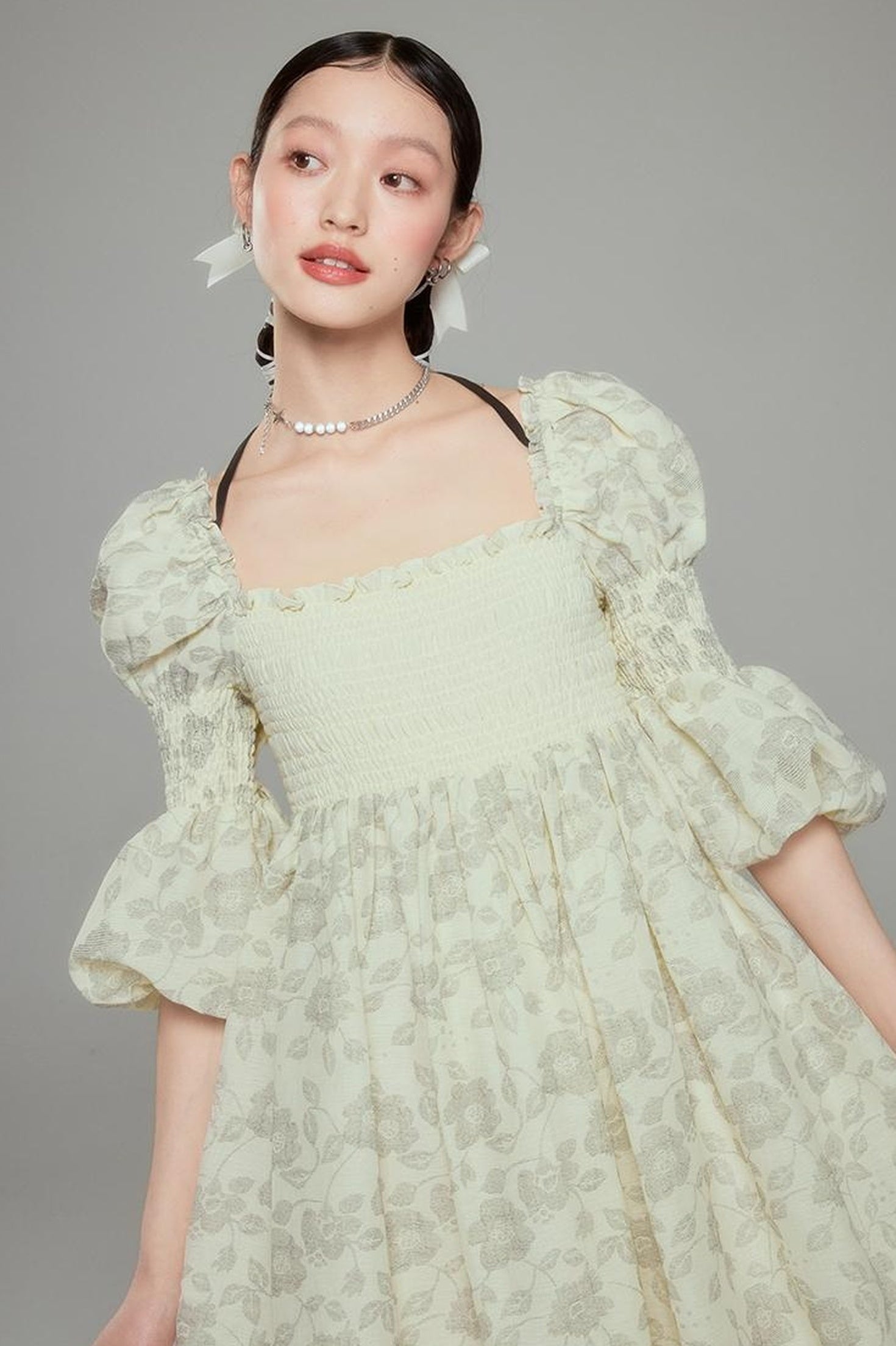 DIDDI MODA Blue Floral Jacquard Bubble Dress With Puff Sleeves