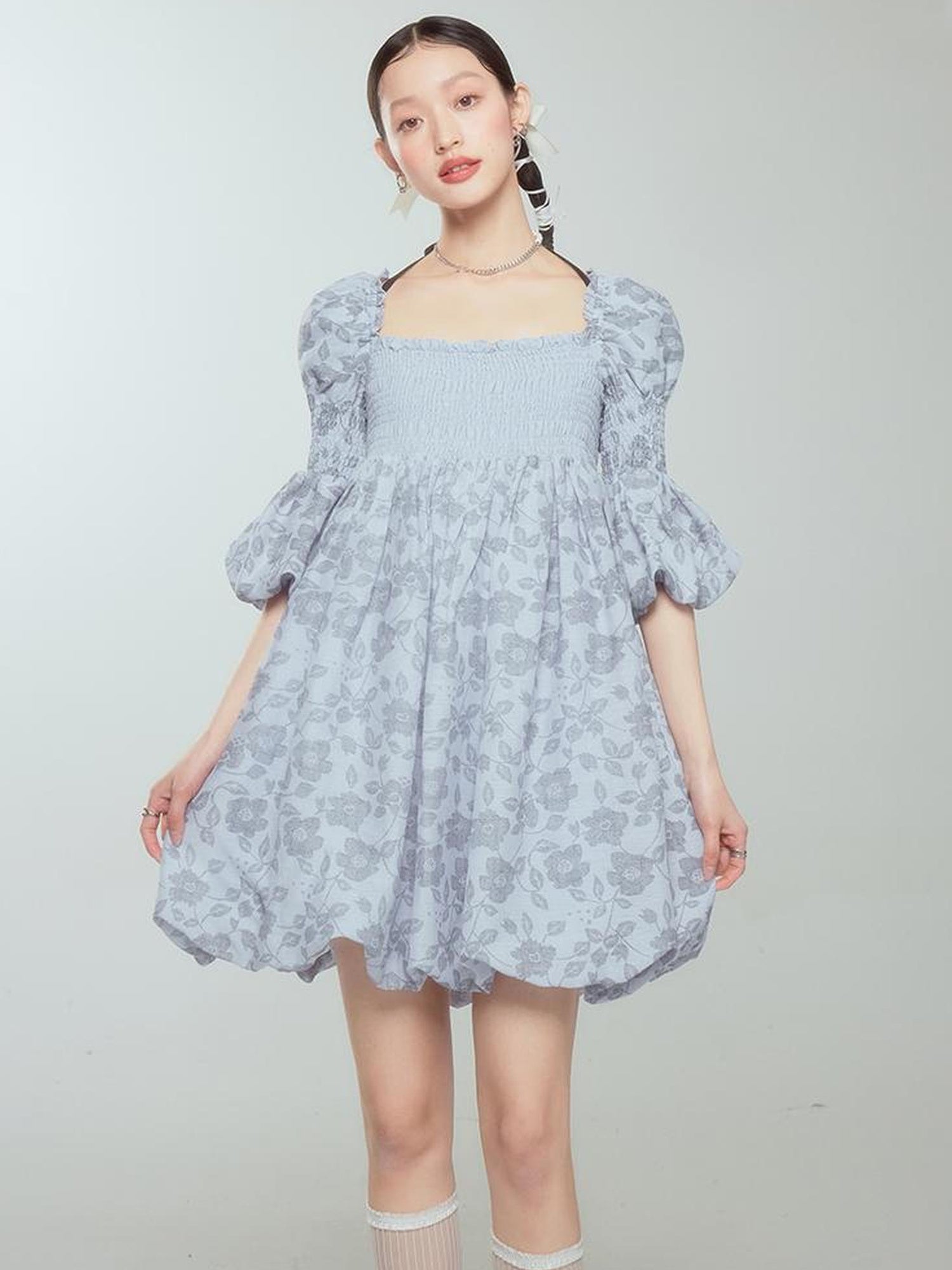 DIDDI MODA Blue Floral Jacquard Bubble Dress With Puff Sleeves