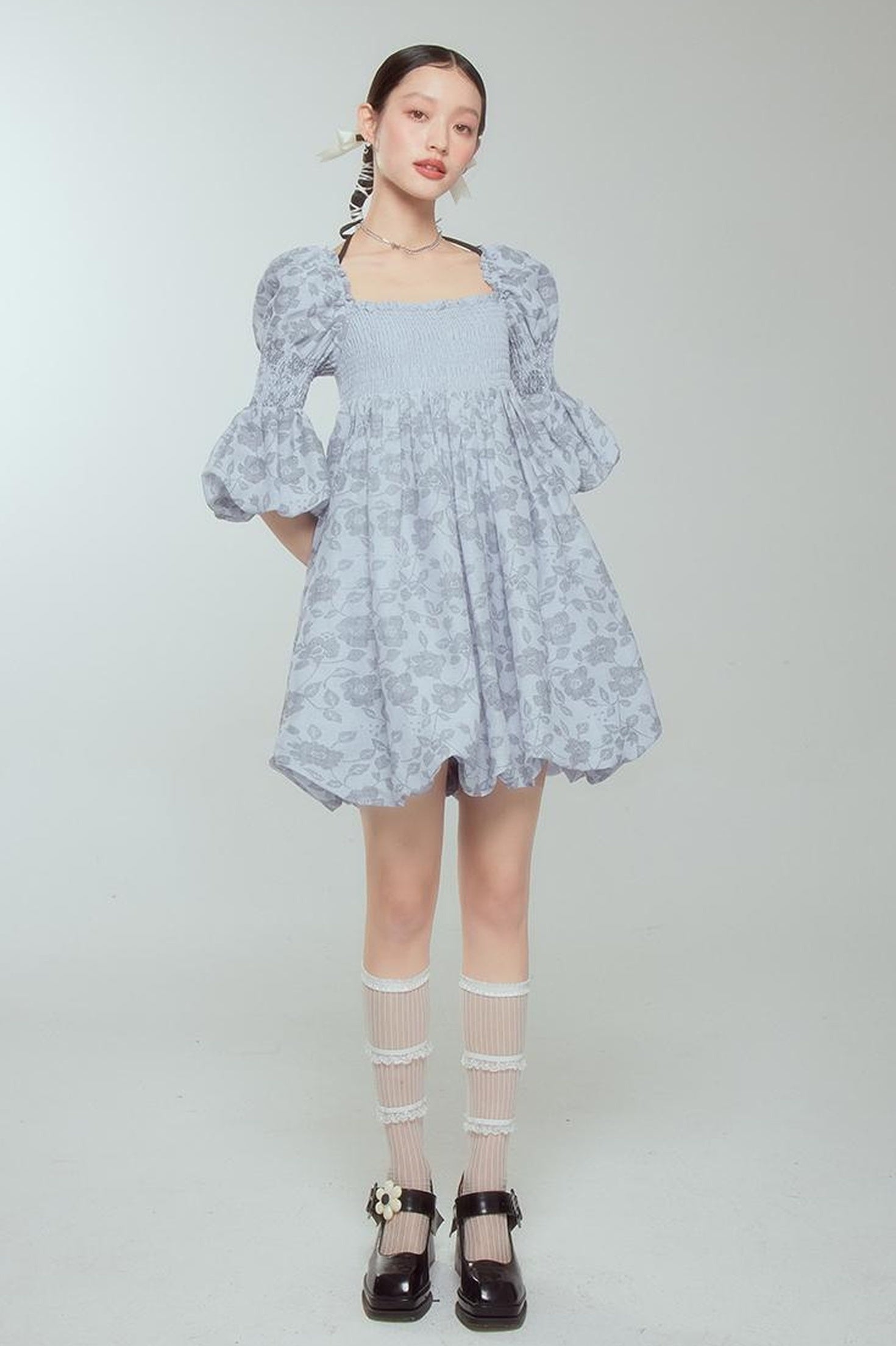 DIDDI MODA Blue Floral Jacquard Bubble Dress With Puff Sleeves