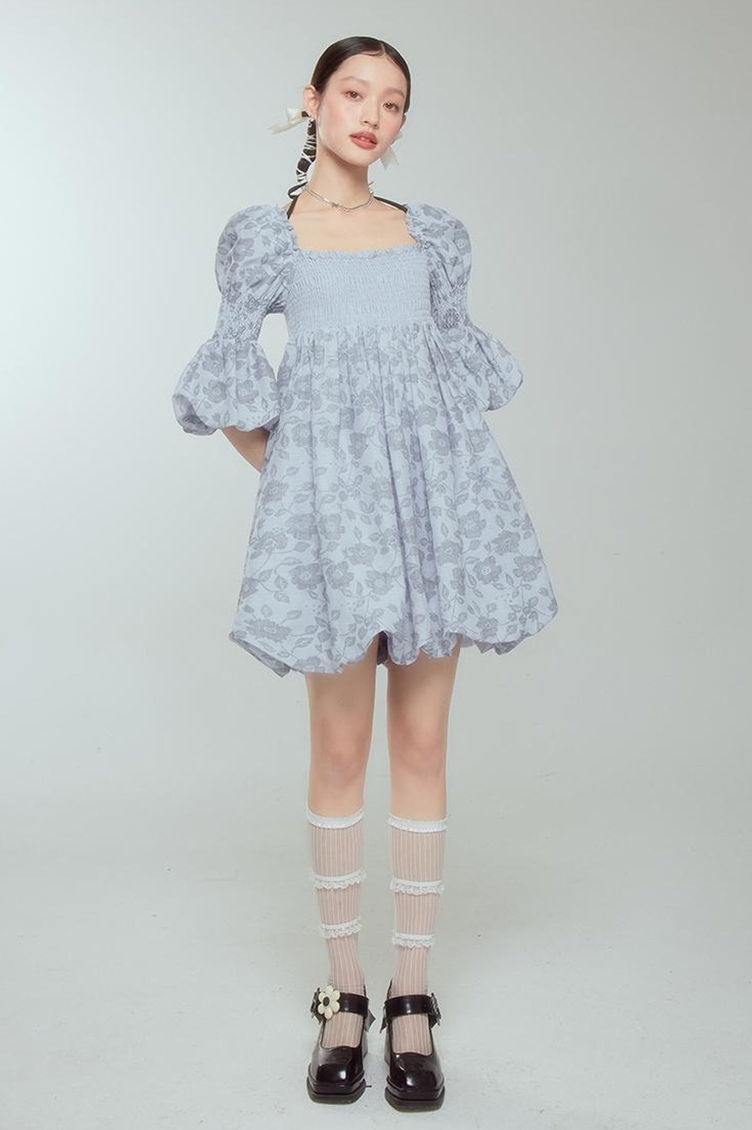 DIDDI MODA Blue Floral Jacquard Bubble Dress With Puff Sleeves