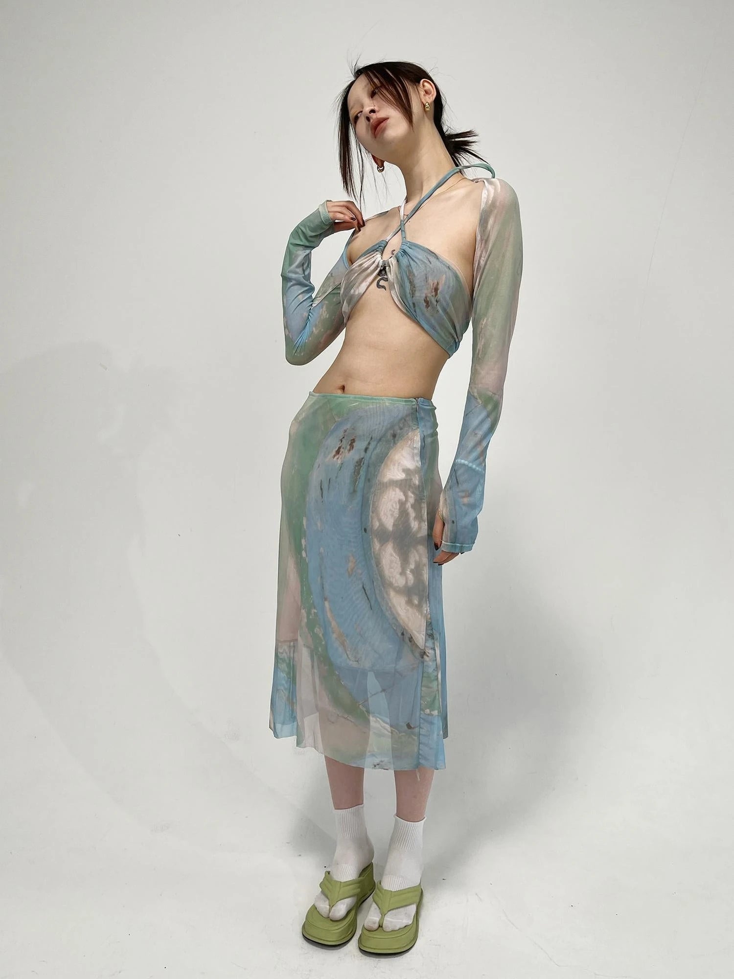 Blue Green Floral Mesh Midi Skirts For Women