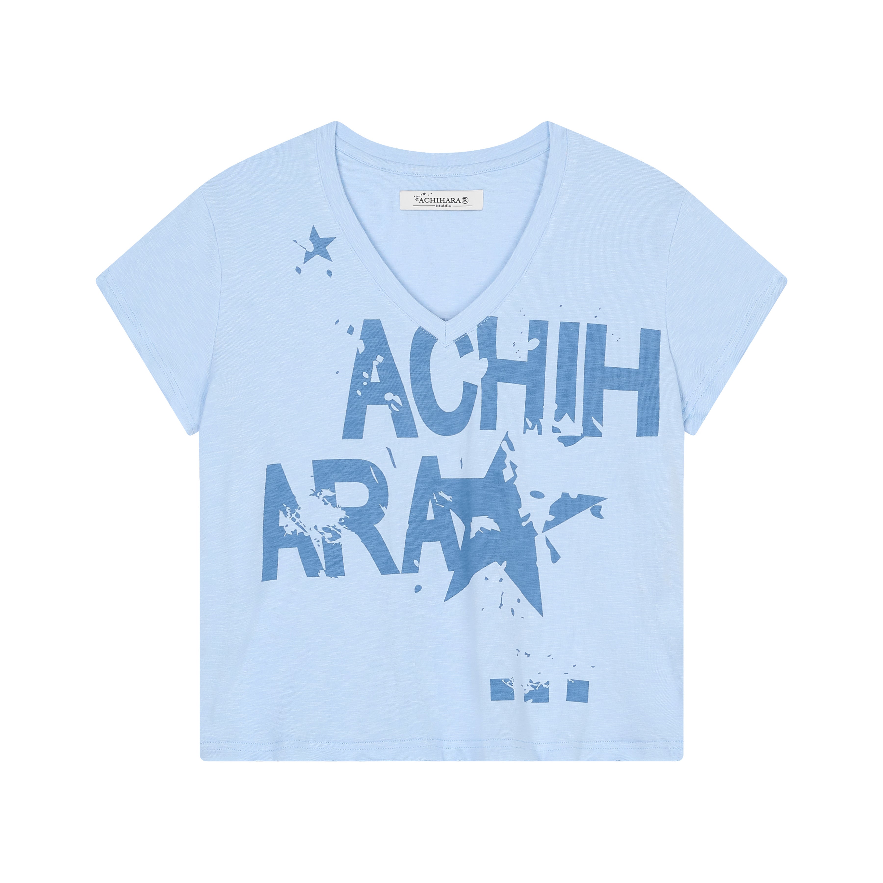 Achihara V-Neck Frayed Hem Cotton Tee With Melted Fruit Print