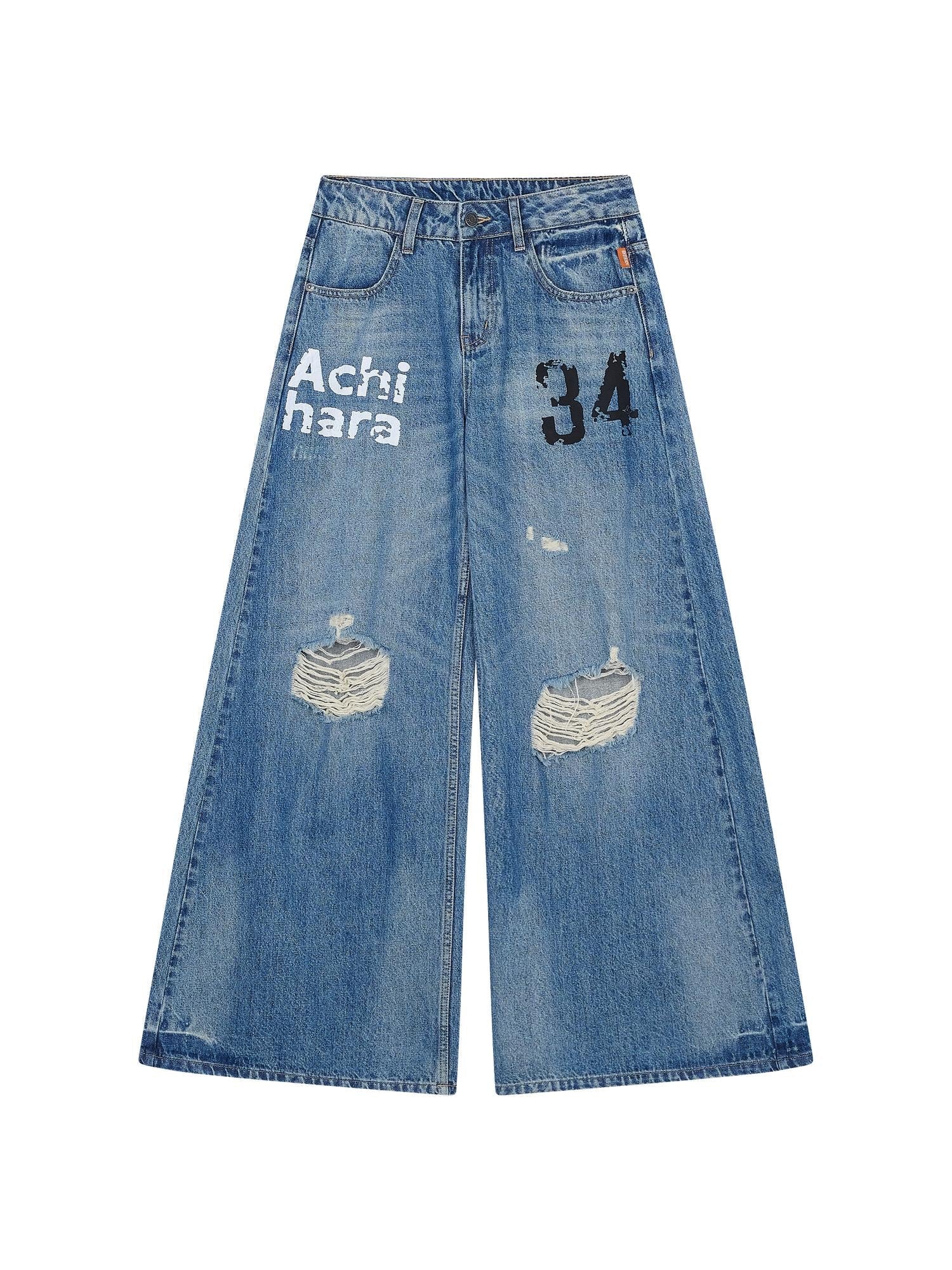 Achihara Vintage Washed Wide Leg Jeans With Distressed Details