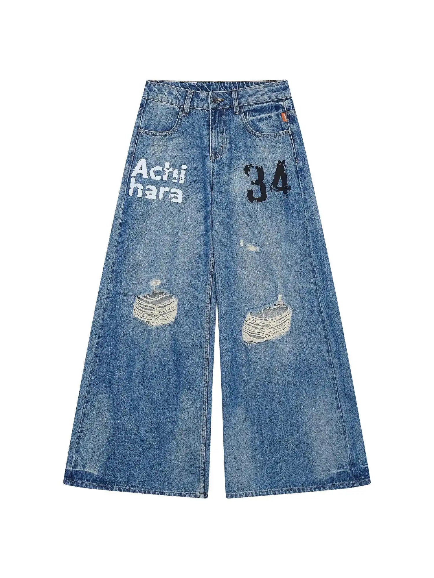 Vintage Washed Wide Leg Jeans With Distressed Details