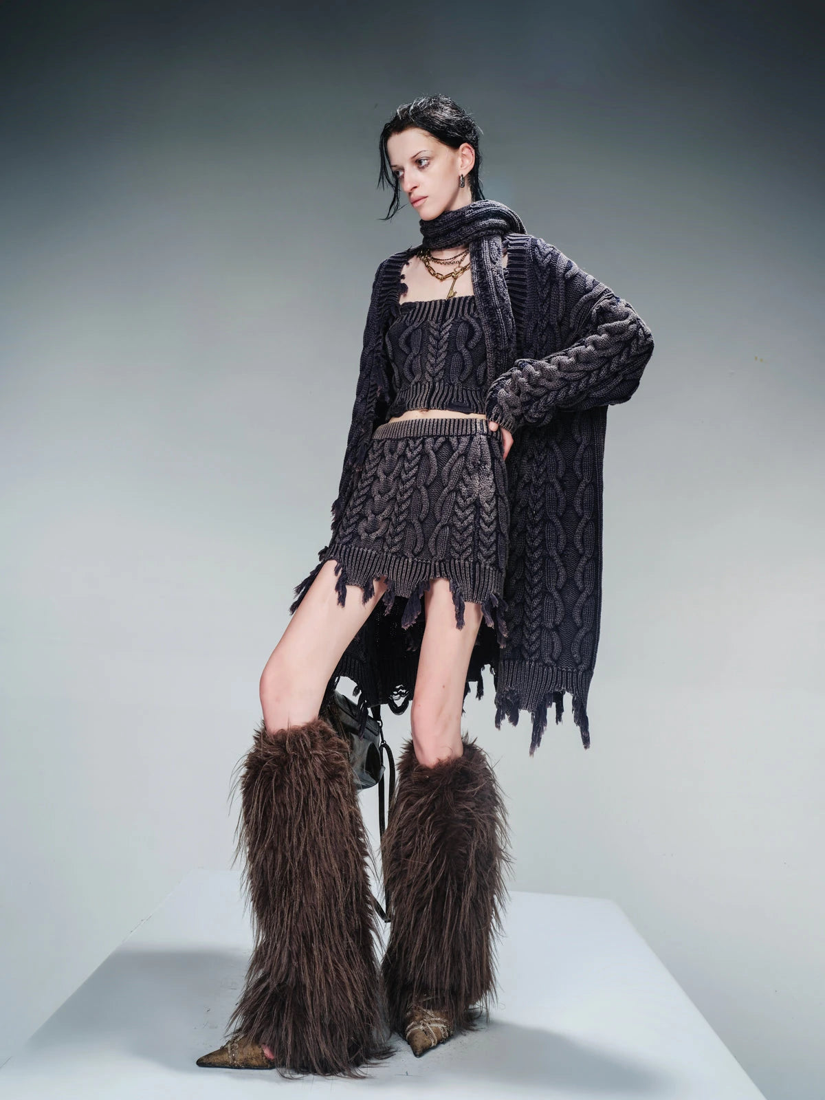 Vintage Washed Thick Cable Knit Sweater Set