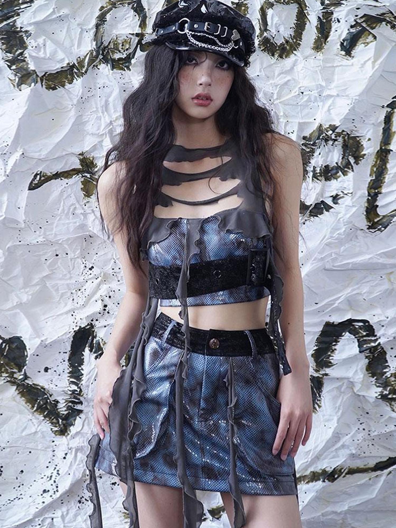 WSW WUSHENWU Blue Margarita Distressed Leather Vest