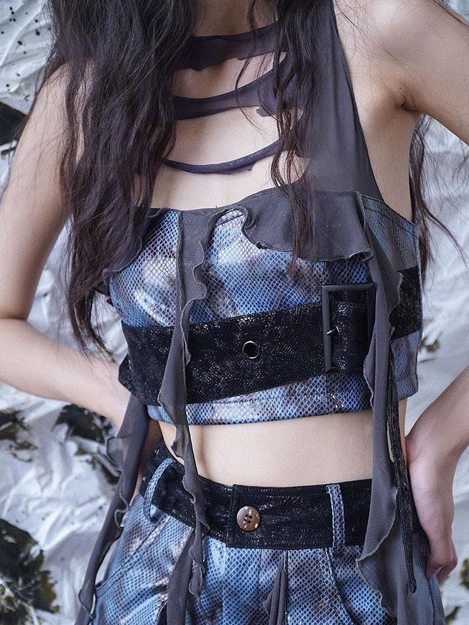 WSW WUSHENWU Blue Margarita Distressed Leather Vest