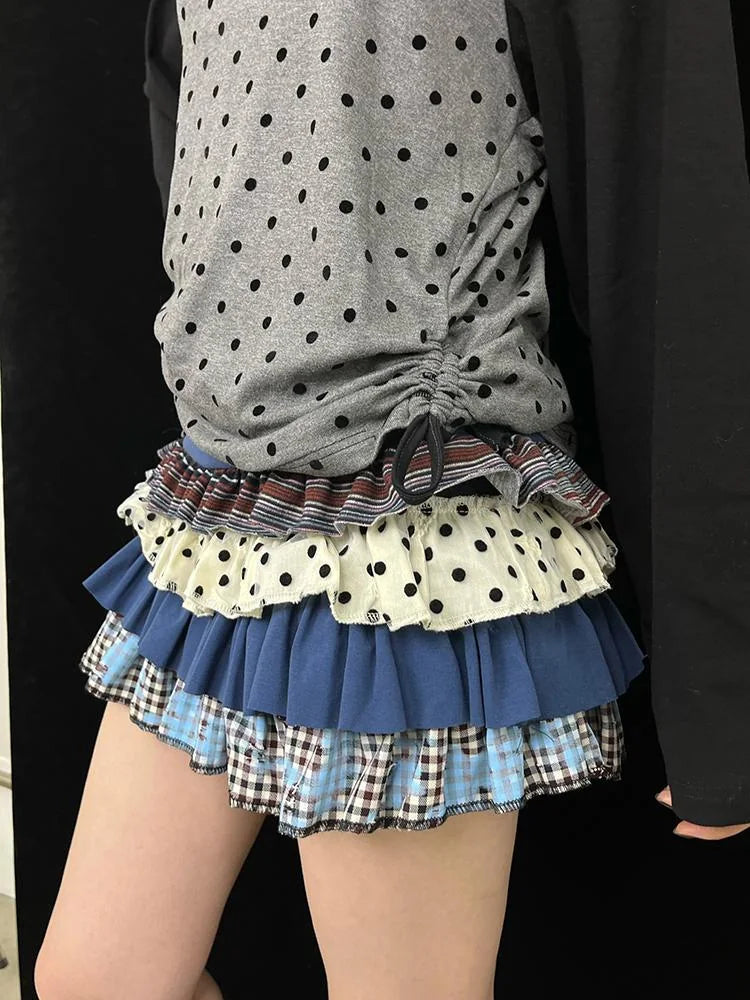 Blue Polka Dot Layered Ruffle Skirt Dresses