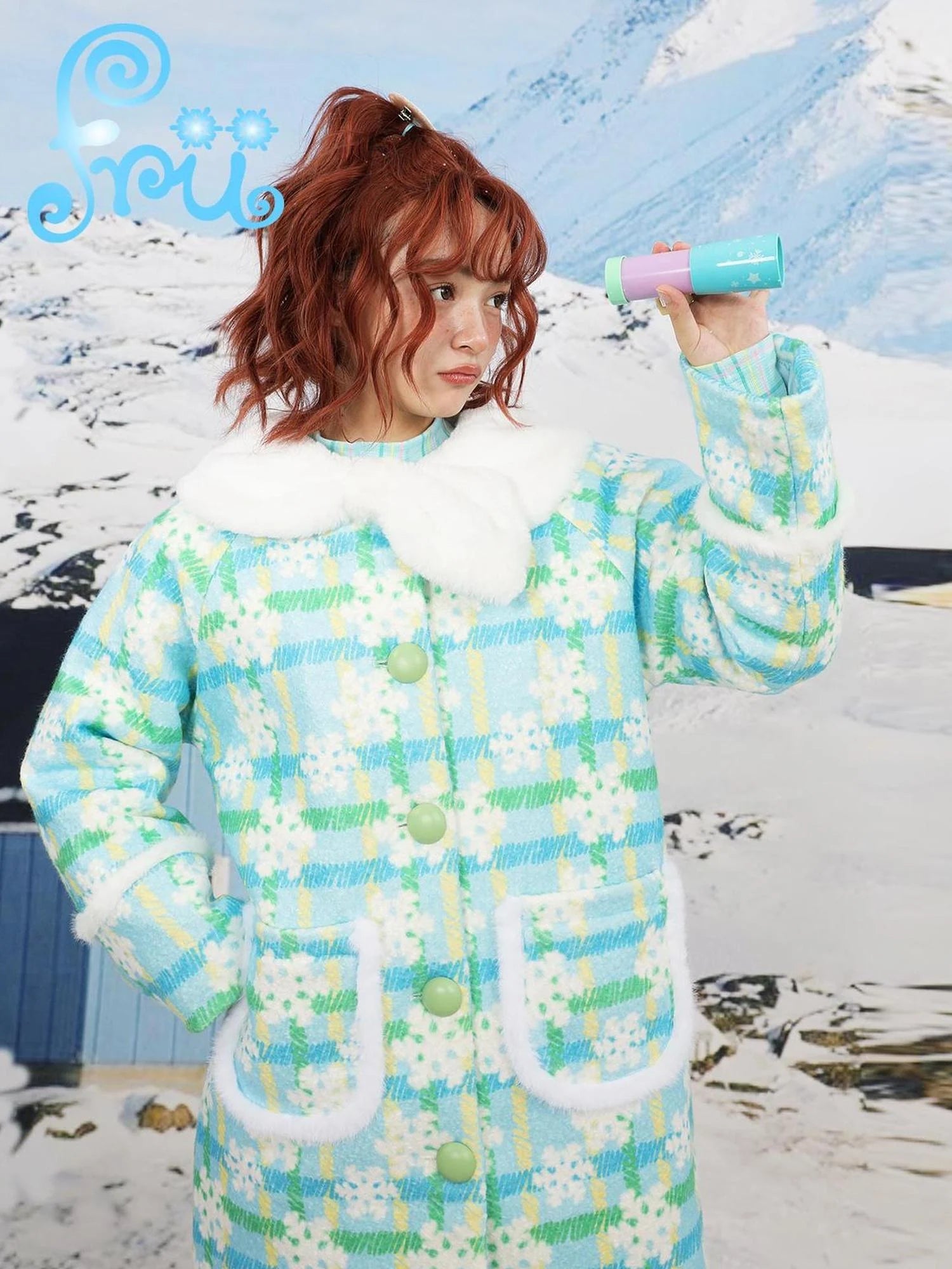 Blue Quilted Wool Coat With Print Doll Collar