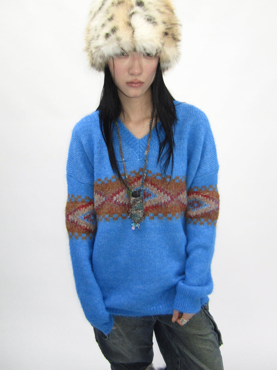 ang project Vintage Lazy Style V-Neck Cable Knit Sweater