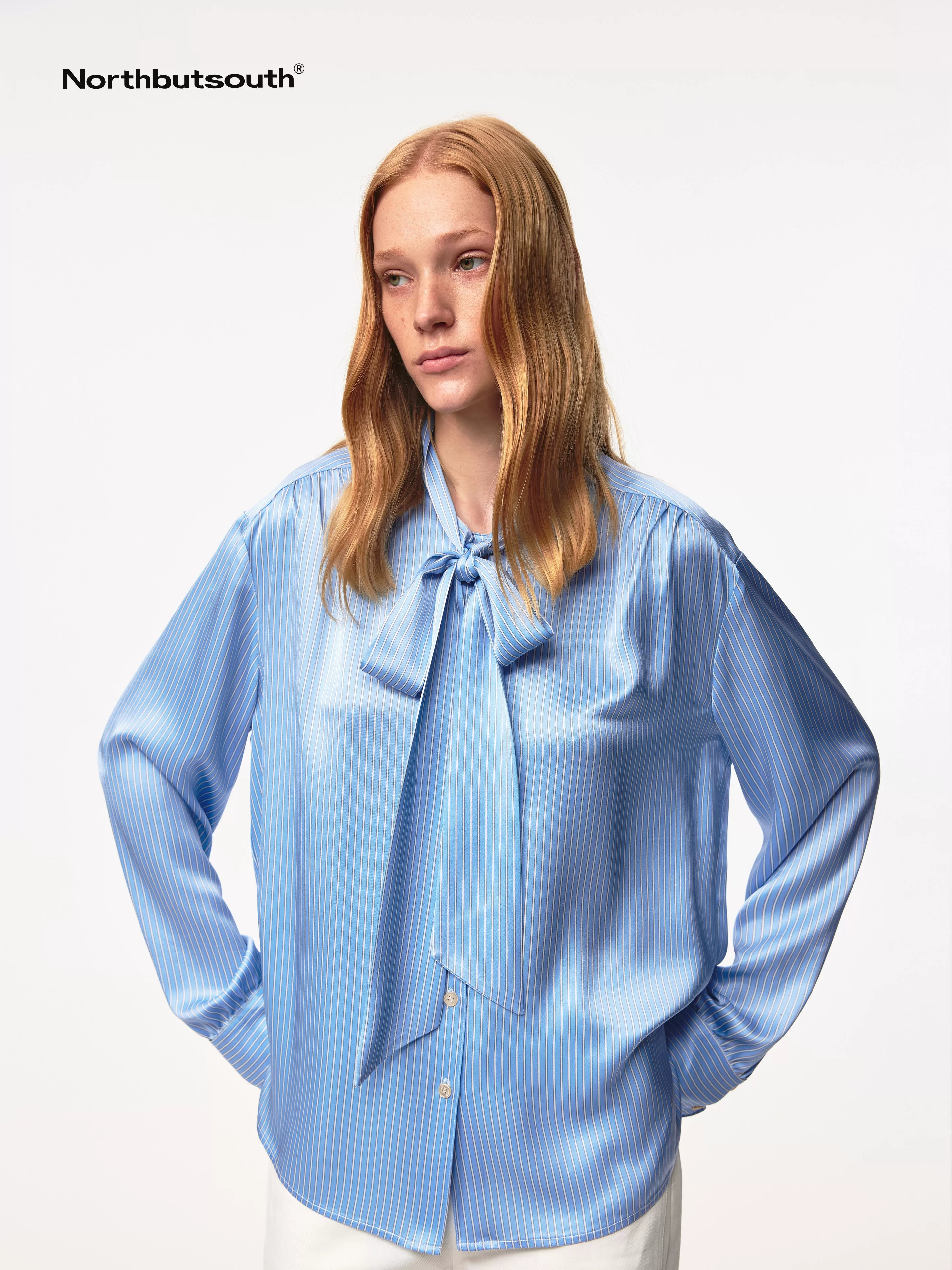 Blue Striped Acetate Bow Tie Layering Shirt