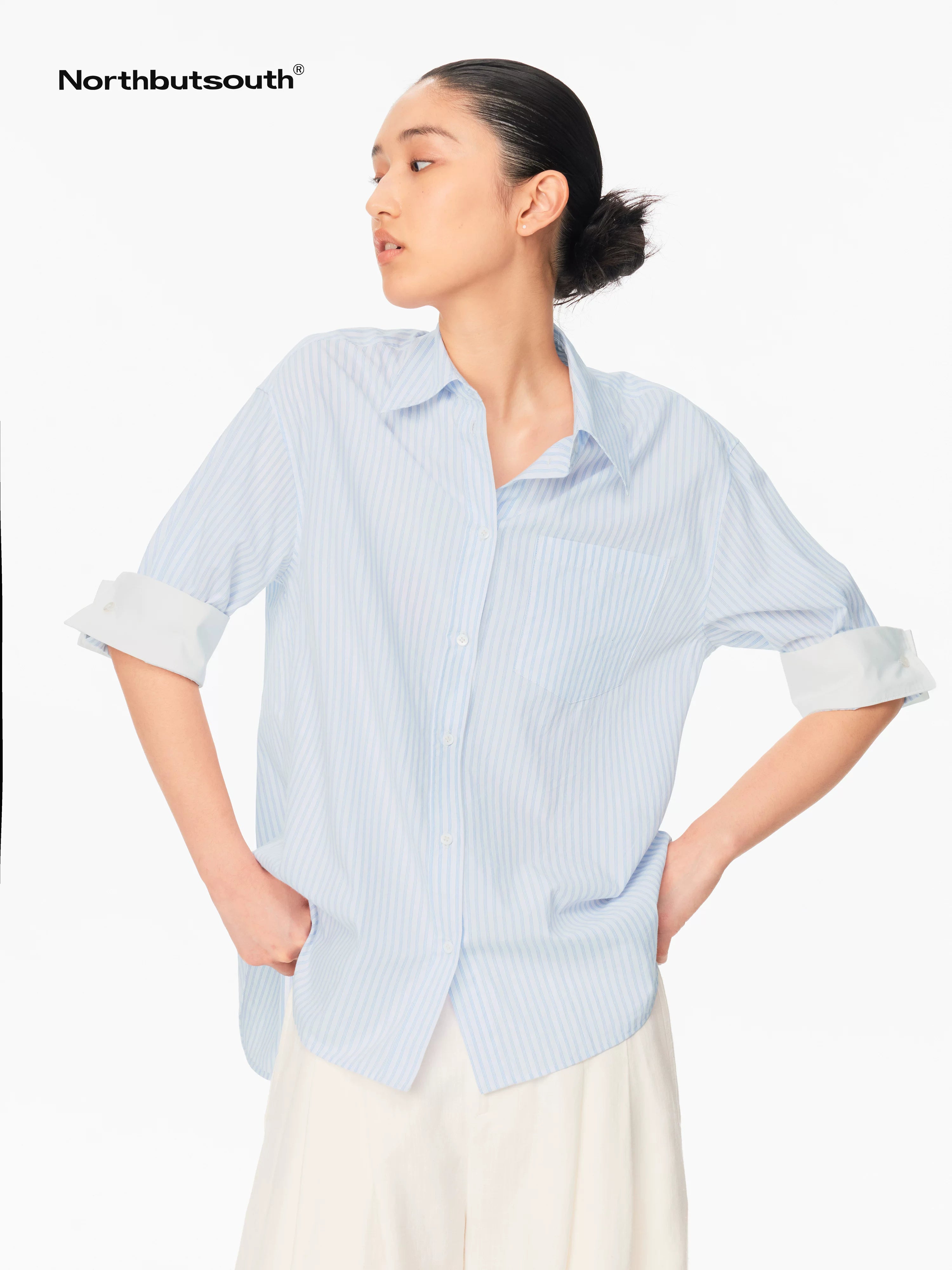 Blue White Contrast Collar Fine Stripe Mid Sleeve Loose Women&
