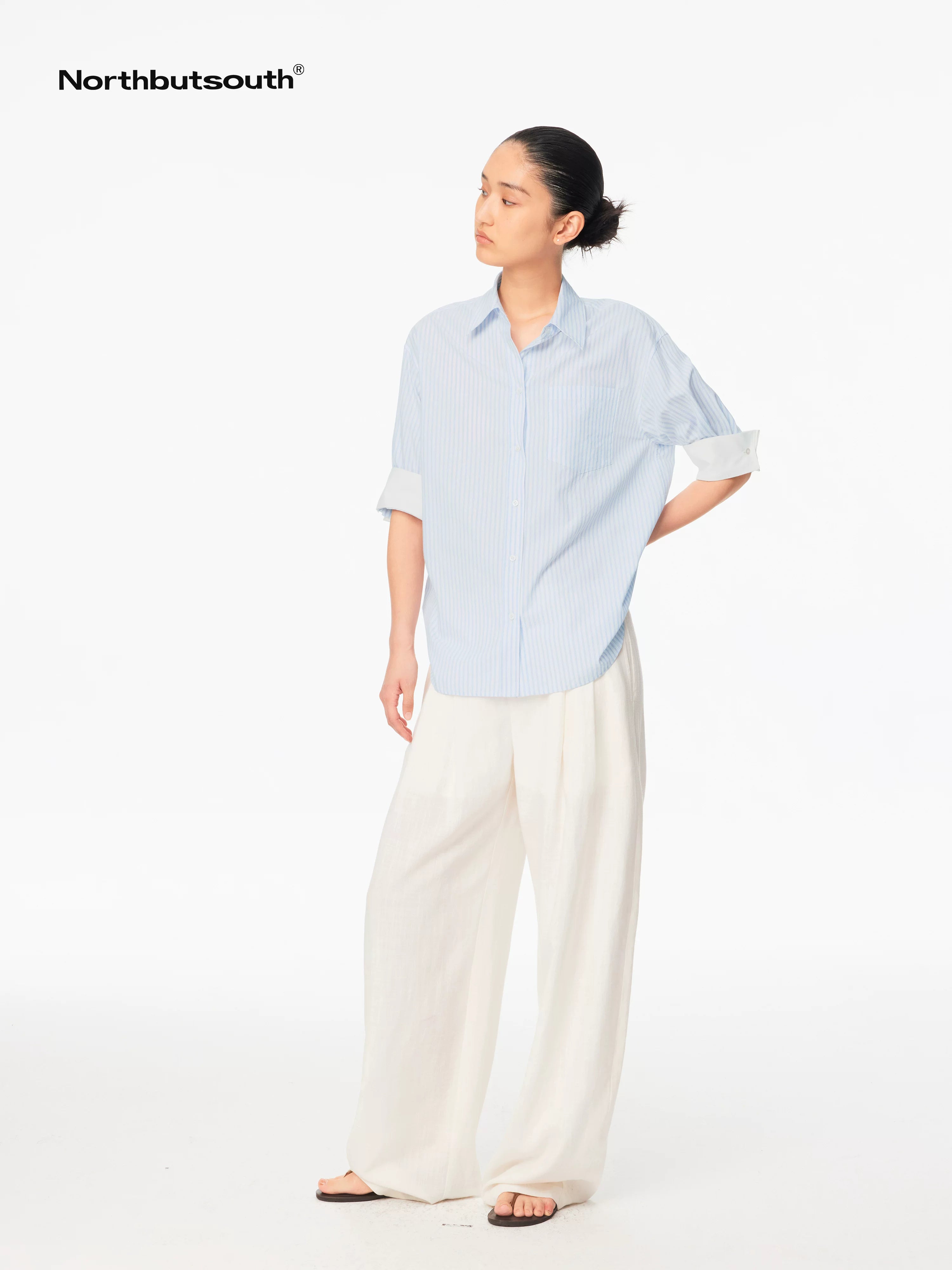 Blue White Contrast Collar Fine Stripe Mid Sleeve Loose Women&