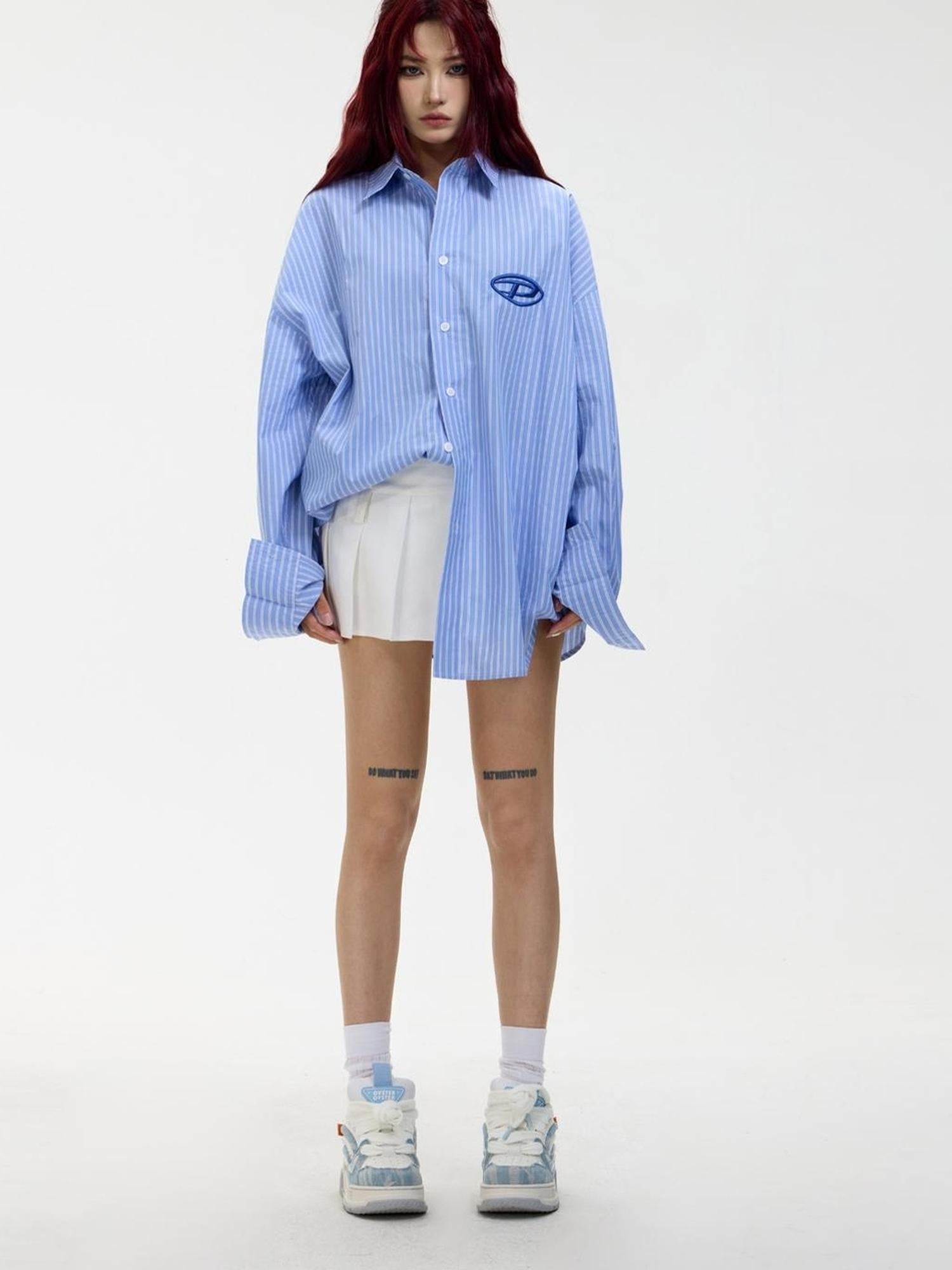 Peoplesense Blue White Striped Loose Fit Cotton Shirt With Folk Embroidery