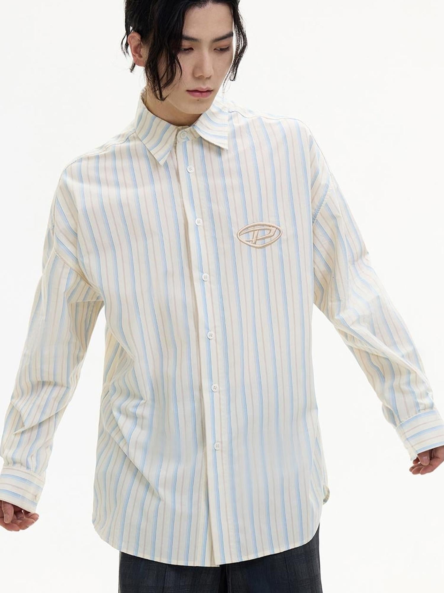 Peoplesense Blue White Striped Loose Fit Cotton Shirt With Folk Embroidery