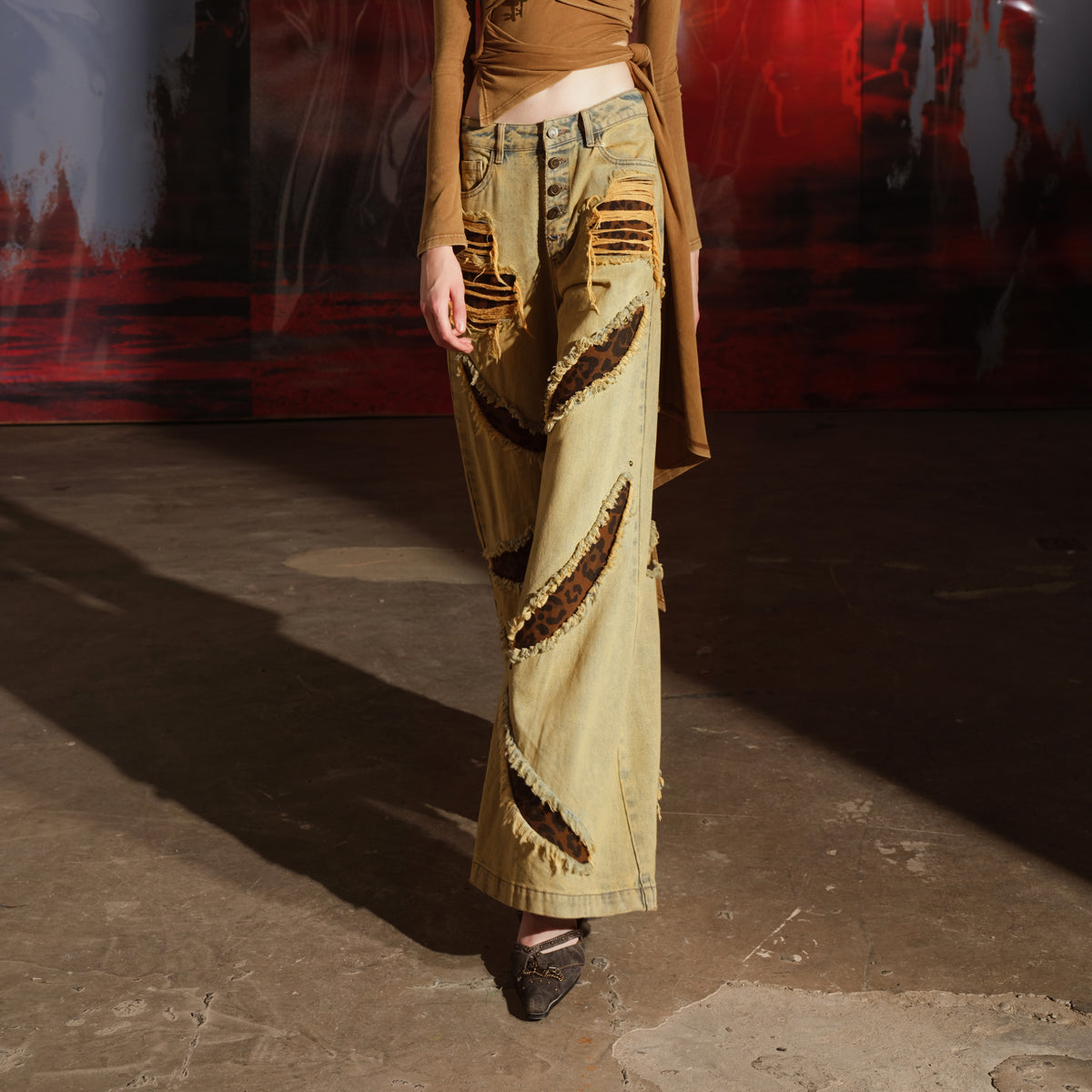 UpdateNN NORTH NODE Leopard Print Patchwork Denim Flares
