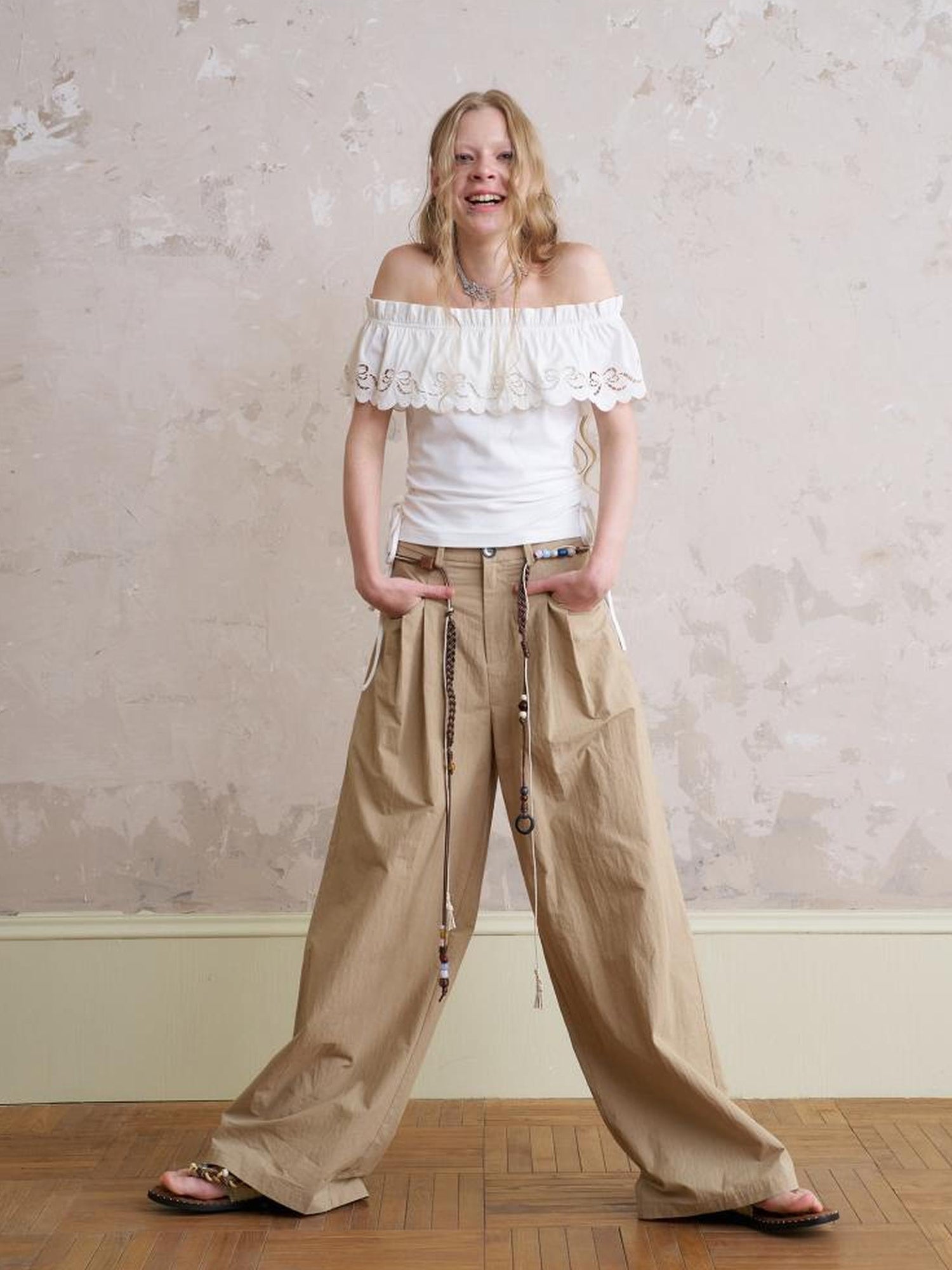 DIDDI MODA Bohemian Beaded Wide Leg Pants With DIY Waist Chain