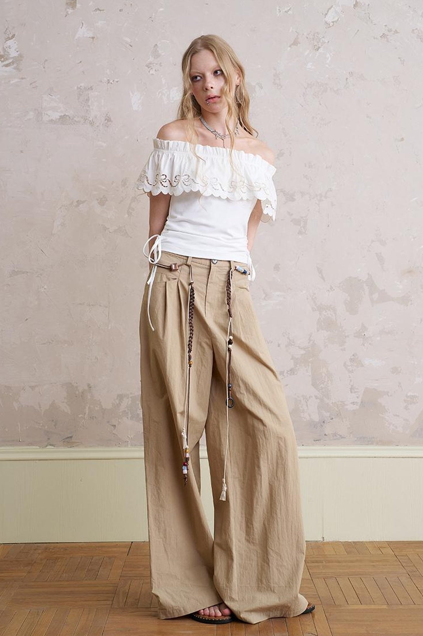 DIDDI MODA Bohemian Beaded Wide Leg Pants With DIY Waist Chain