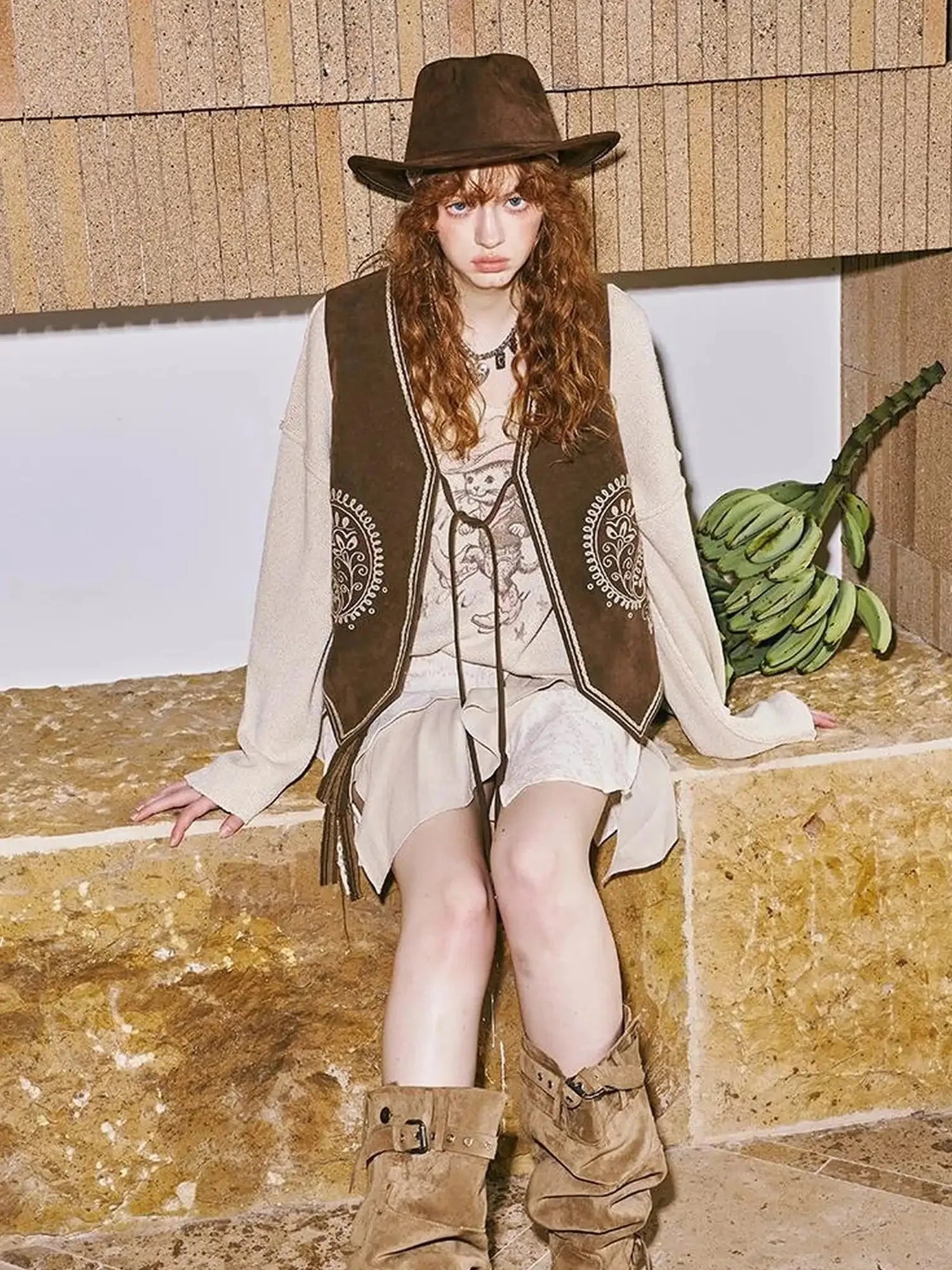 Bohemian Cashew Embroidery PU Vest