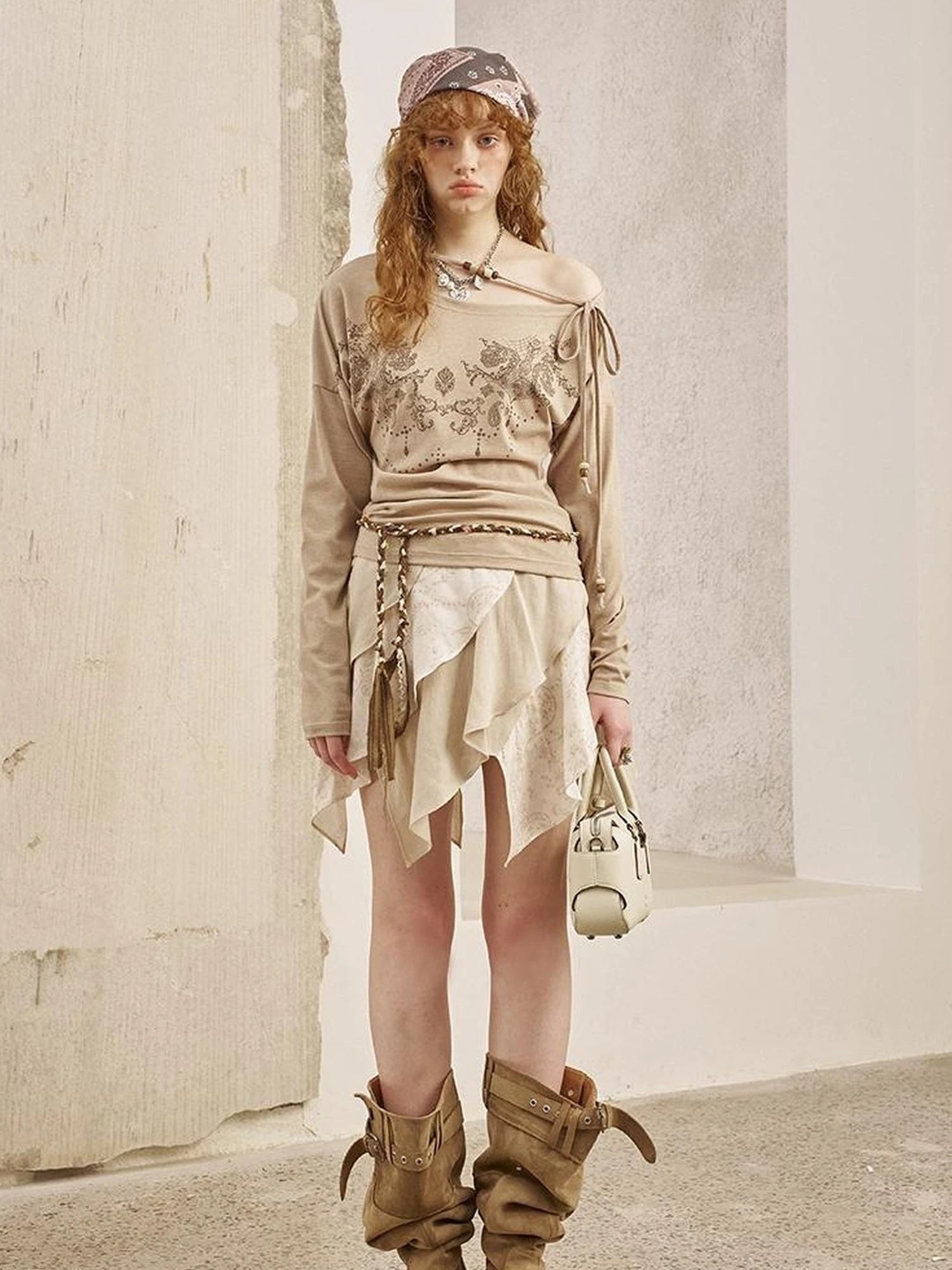 Bohemian Lace Embroidered Off Shoulder Beaded Knit Top