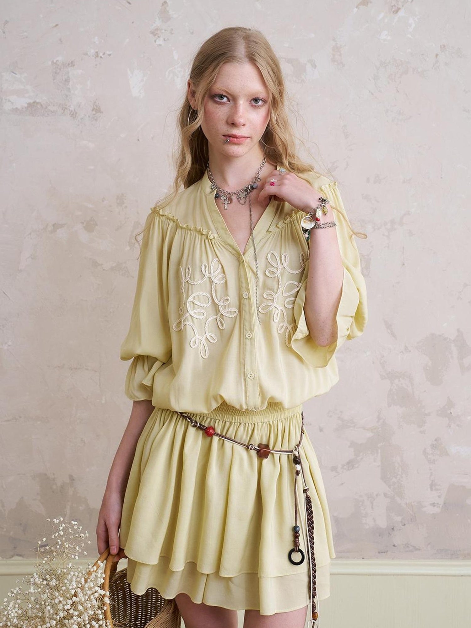 DIDDI MODA Bohemian Print Drawstring Dress Lace Trim Pants Set