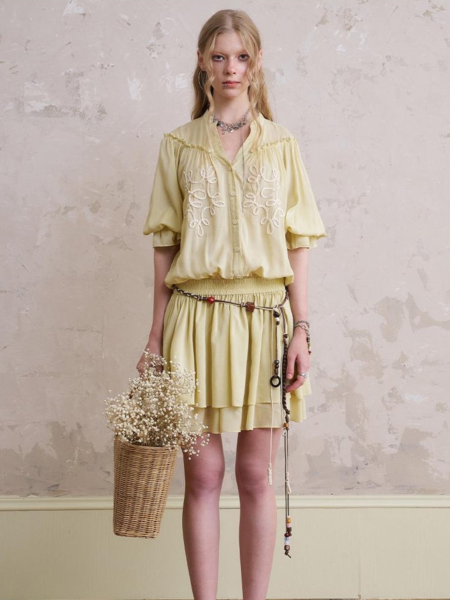 DIDDI MODA Bohemian Print Drawstring Dress Lace Trim Pants Set