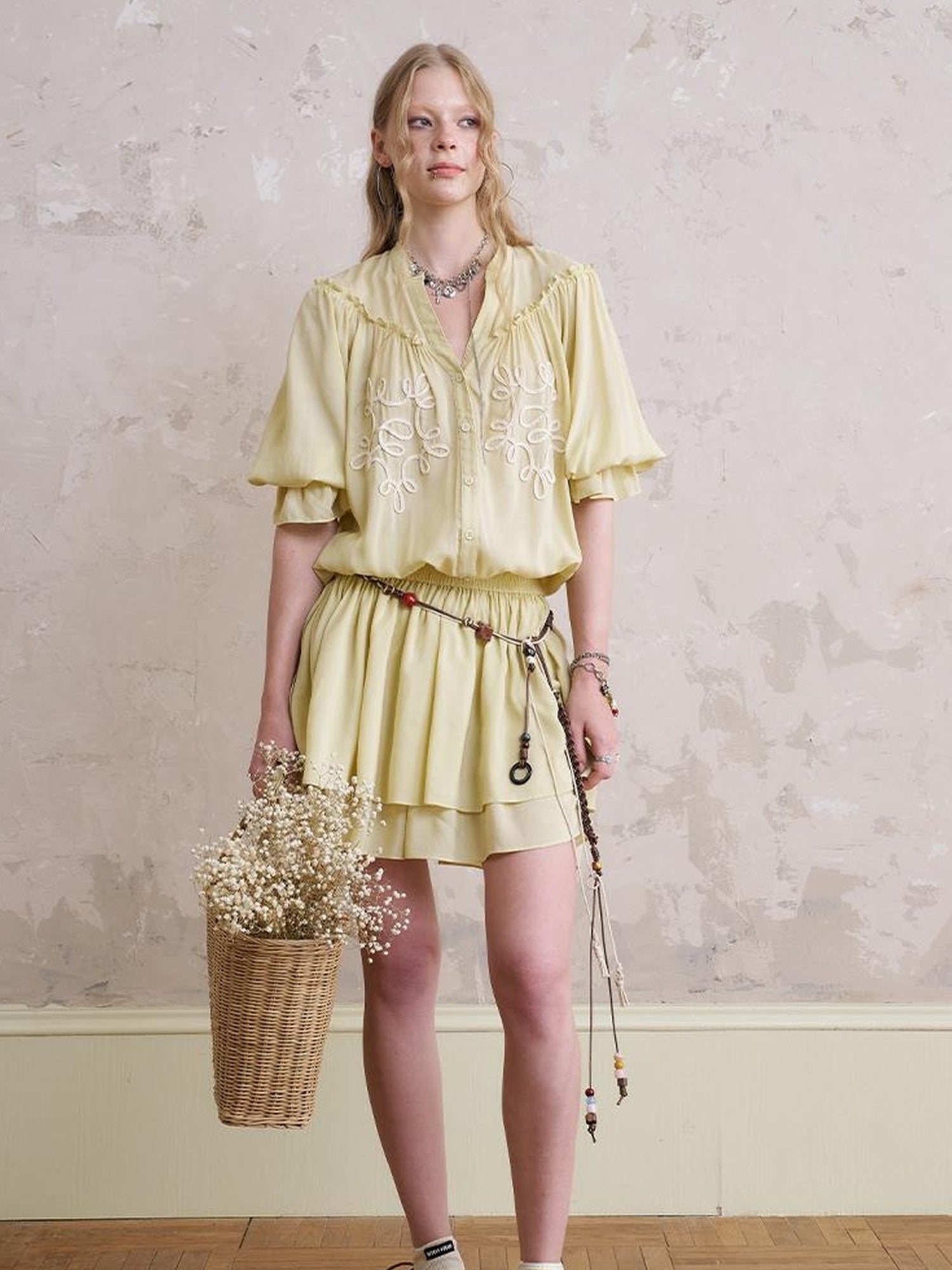 DIDDI MODA Bohemian Print Drawstring Dress Lace Trim Pants Set