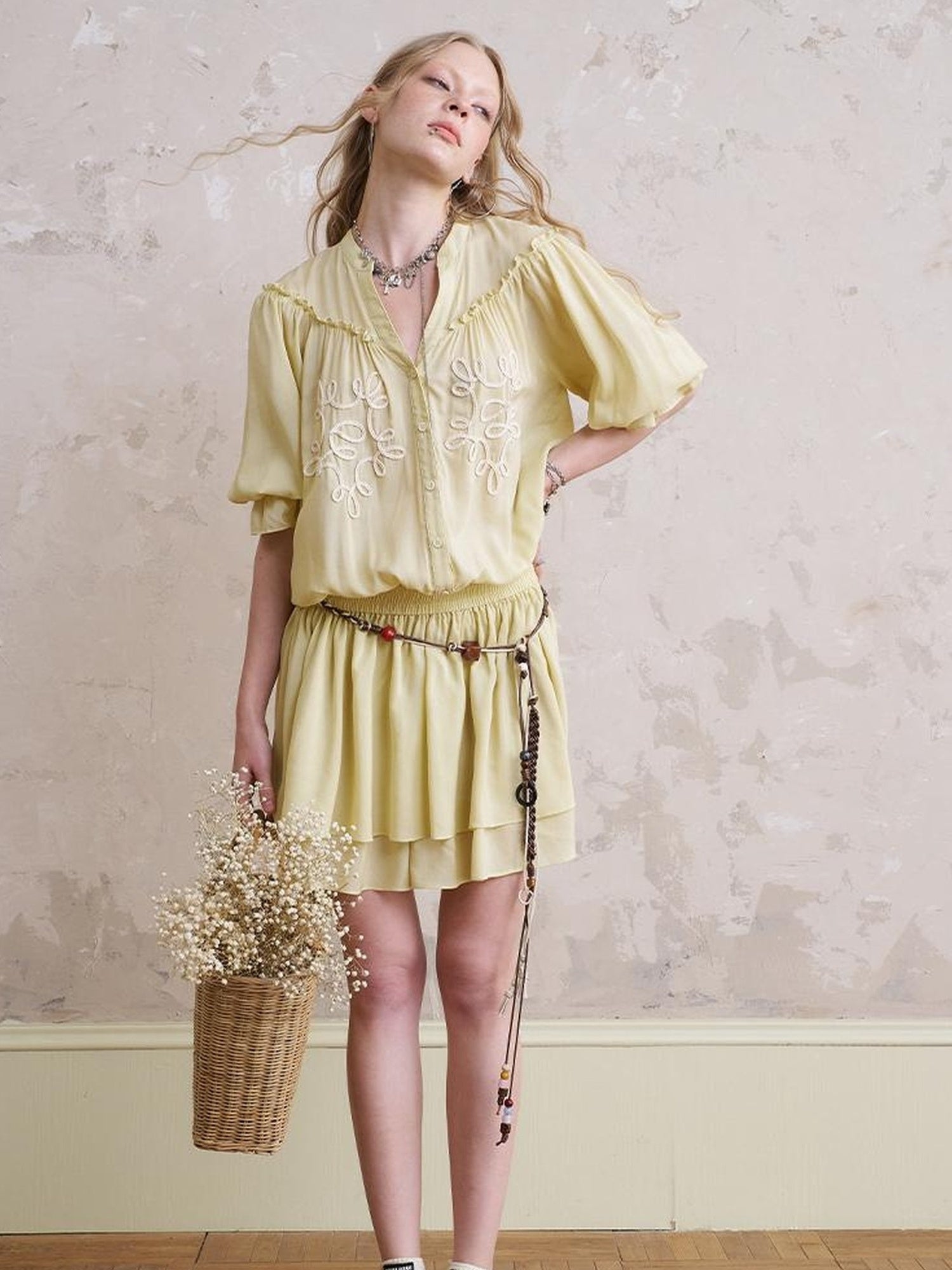 DIDDI MODA Bohemian Print Drawstring Dress Lace Trim Pants Set