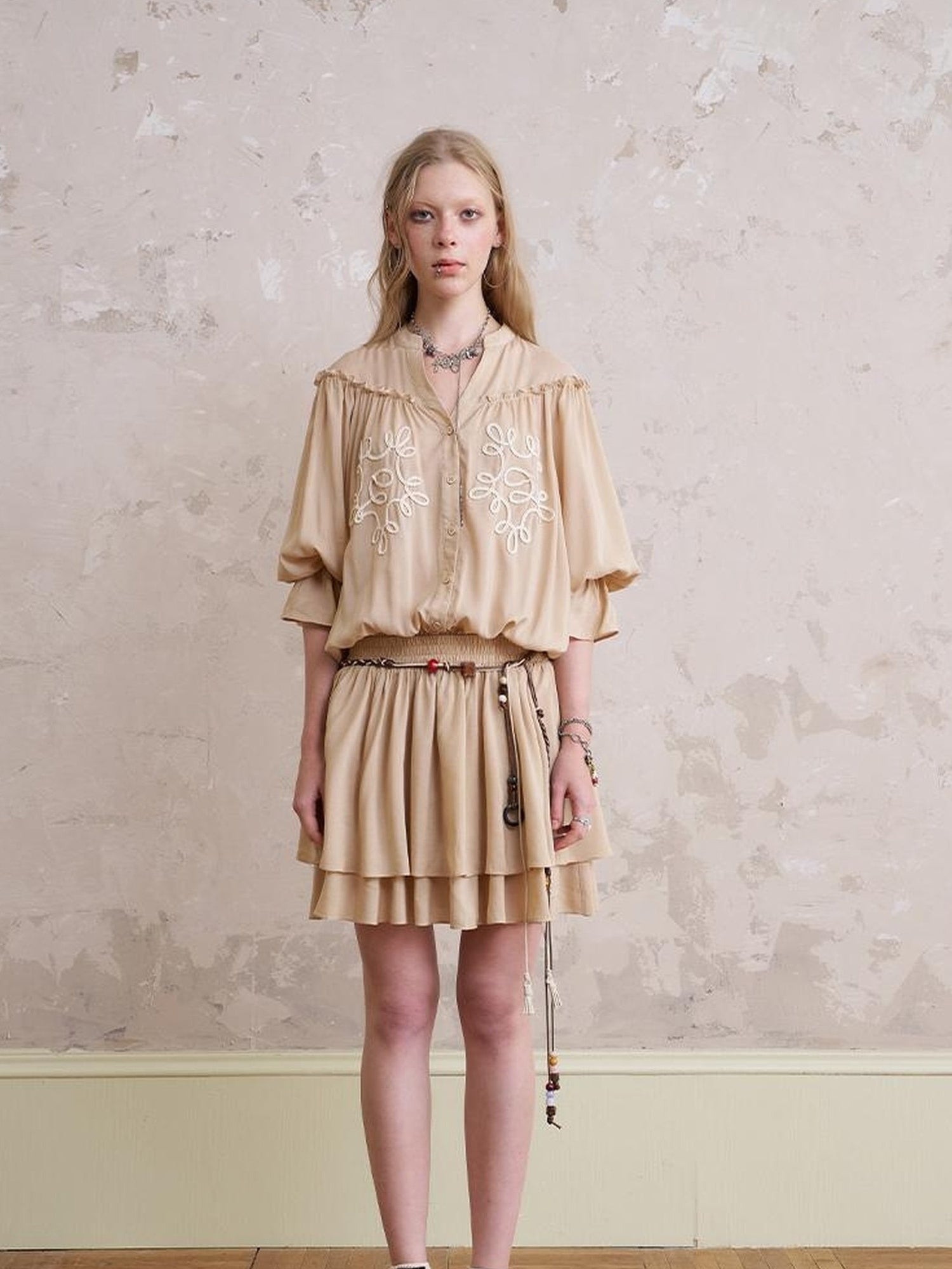 DIDDI MODA Bohemian Print Drawstring Dress Lace Trim Pants Set