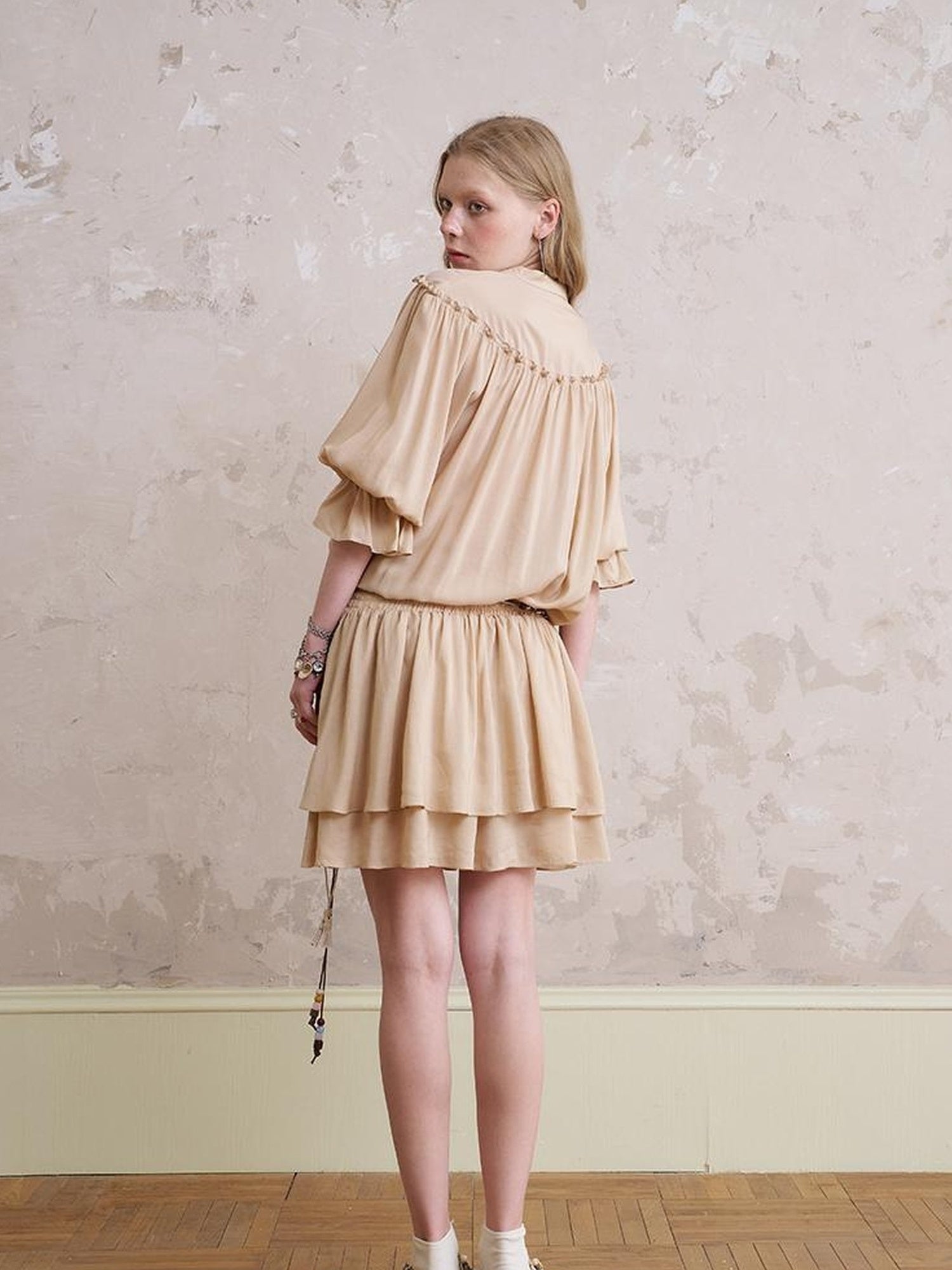 DIDDI MODA Bohemian Print Drawstring Dress Lace Trim Pants Set