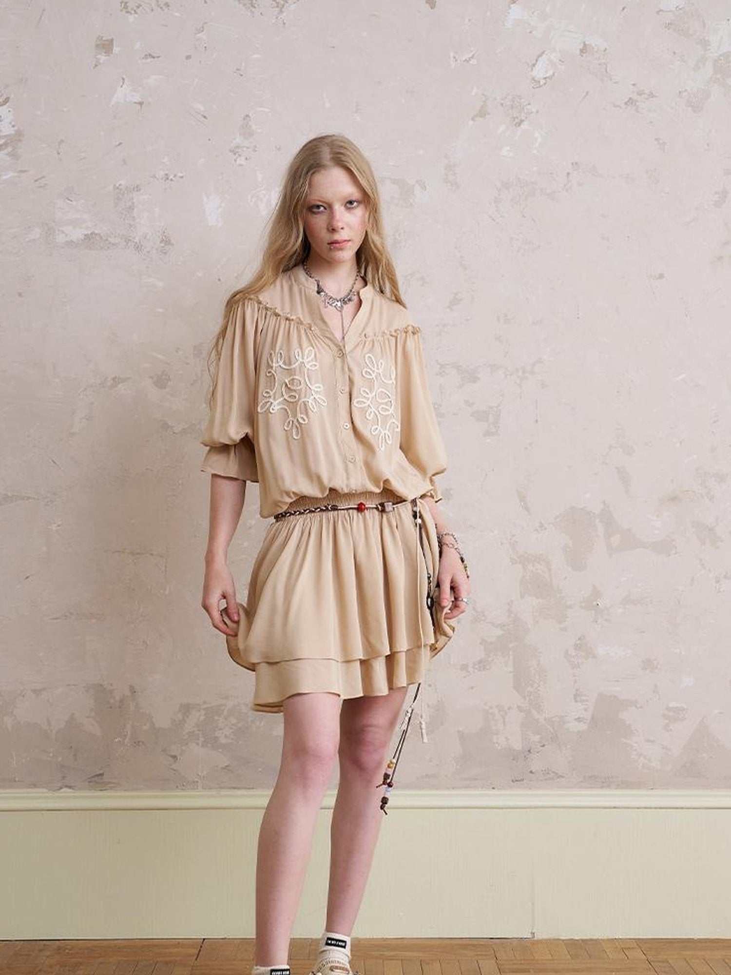 DIDDI MODA Bohemian Print Drawstring Dress Lace Trim Pants Set